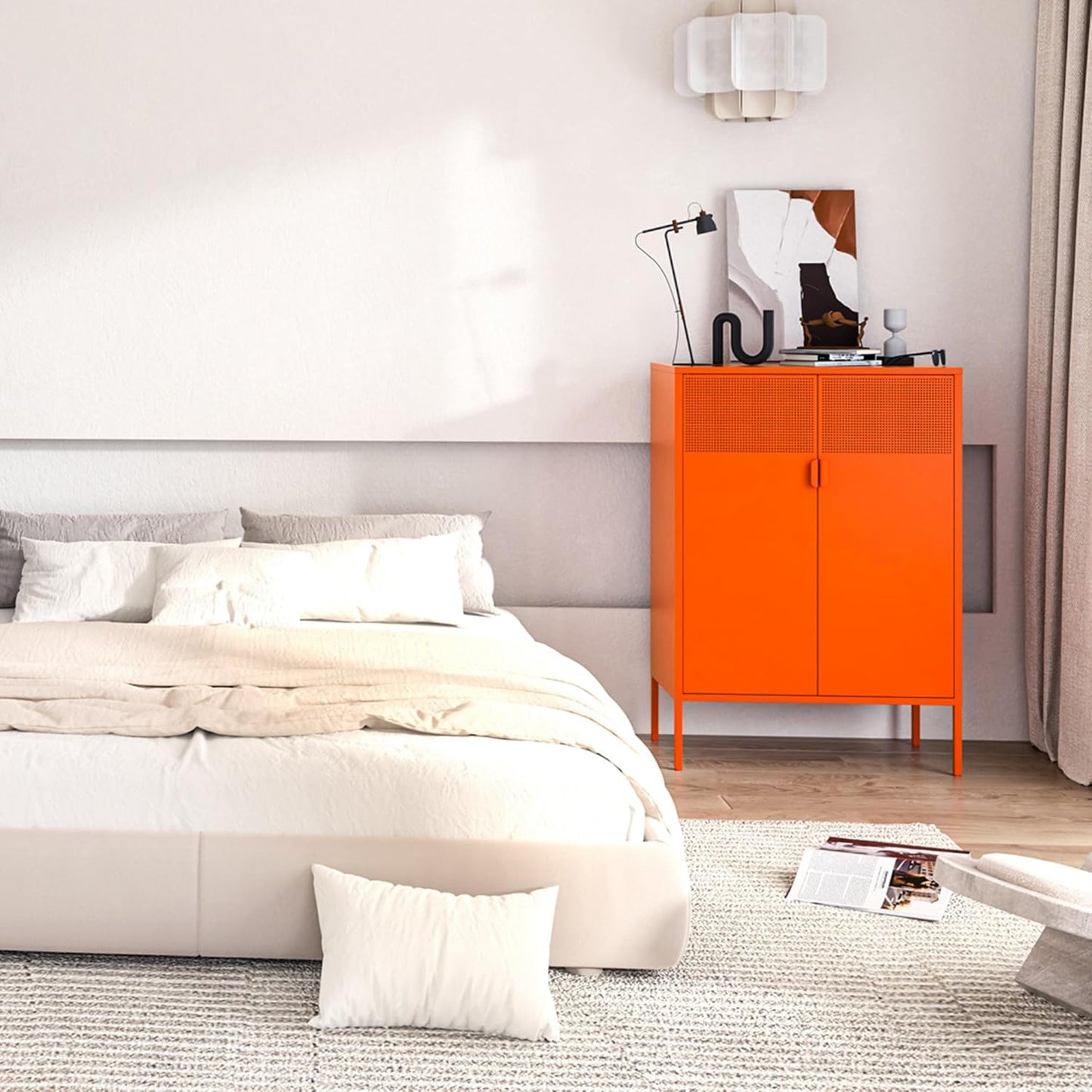 2 Mesh Door Metal Cabinet with Adjustable Shelves, Multipurpose Orange Storage Cabinet, 3-Tier,Metal Storage Cabinet for Office Home,Hallway(Orange, 47''H)