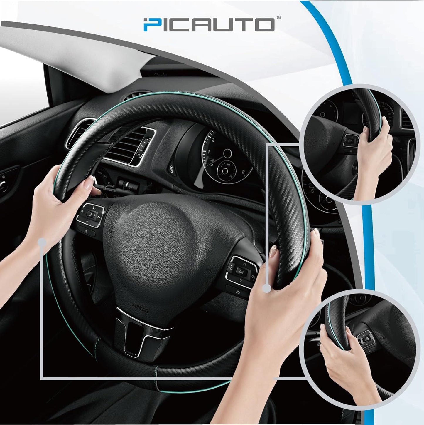 PIC AUTO Steering Wheel Cover, Mint Piping Leather, Sports Carbon Fiber and Super Breathable Leather, Universal 14.5-15.5 Inch Anti-Slip Steering Wheels Accessories for Men & Women