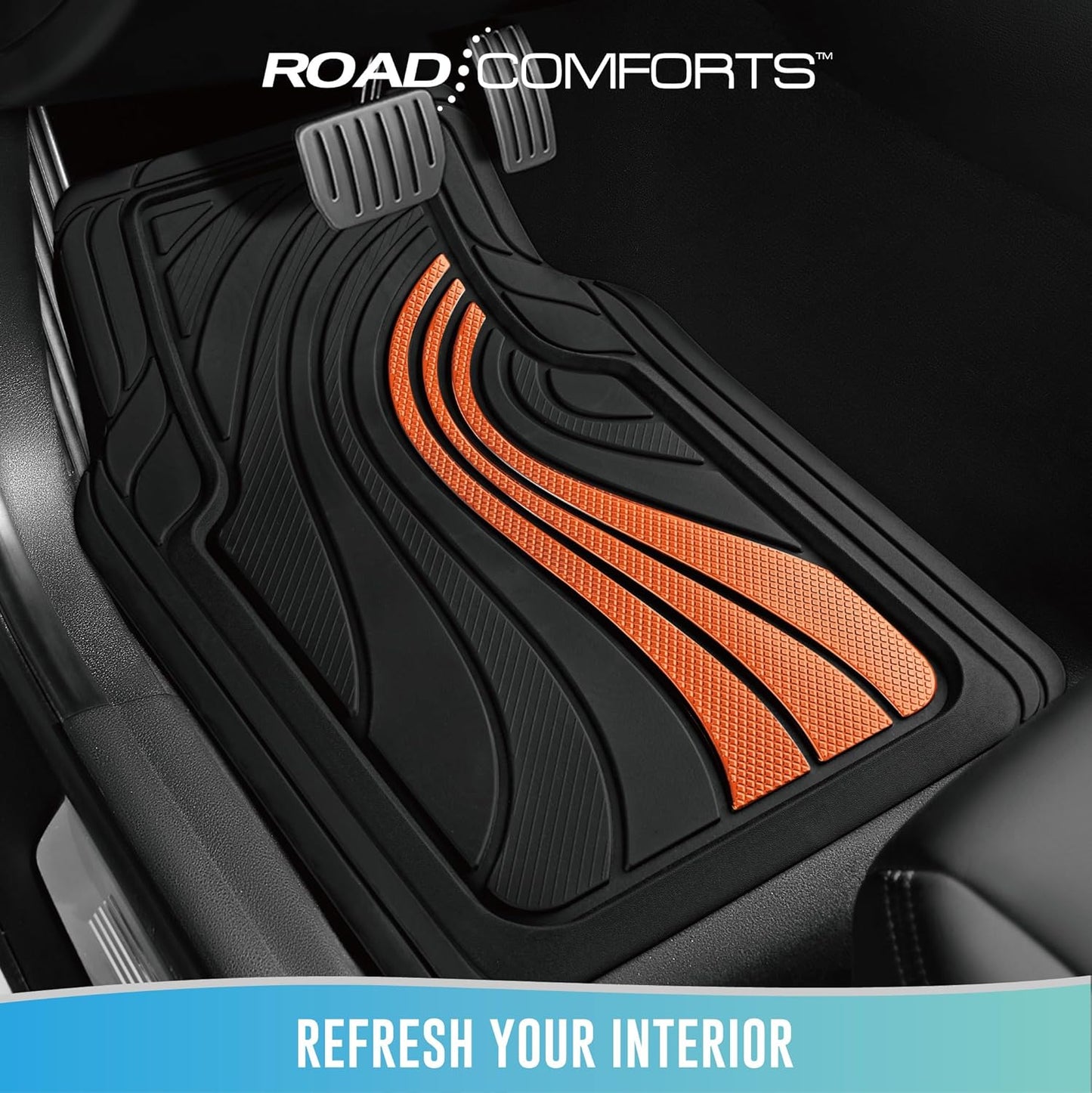Road Comforts Car Floor Mats Full Set – Front & Rear Car Floor Mats with Aluminum Design, Anti-Slip Backing, All-Weather Protection, Trim-to-Fit Car Mats for Most Sedans, SUVs & Vans - Orange