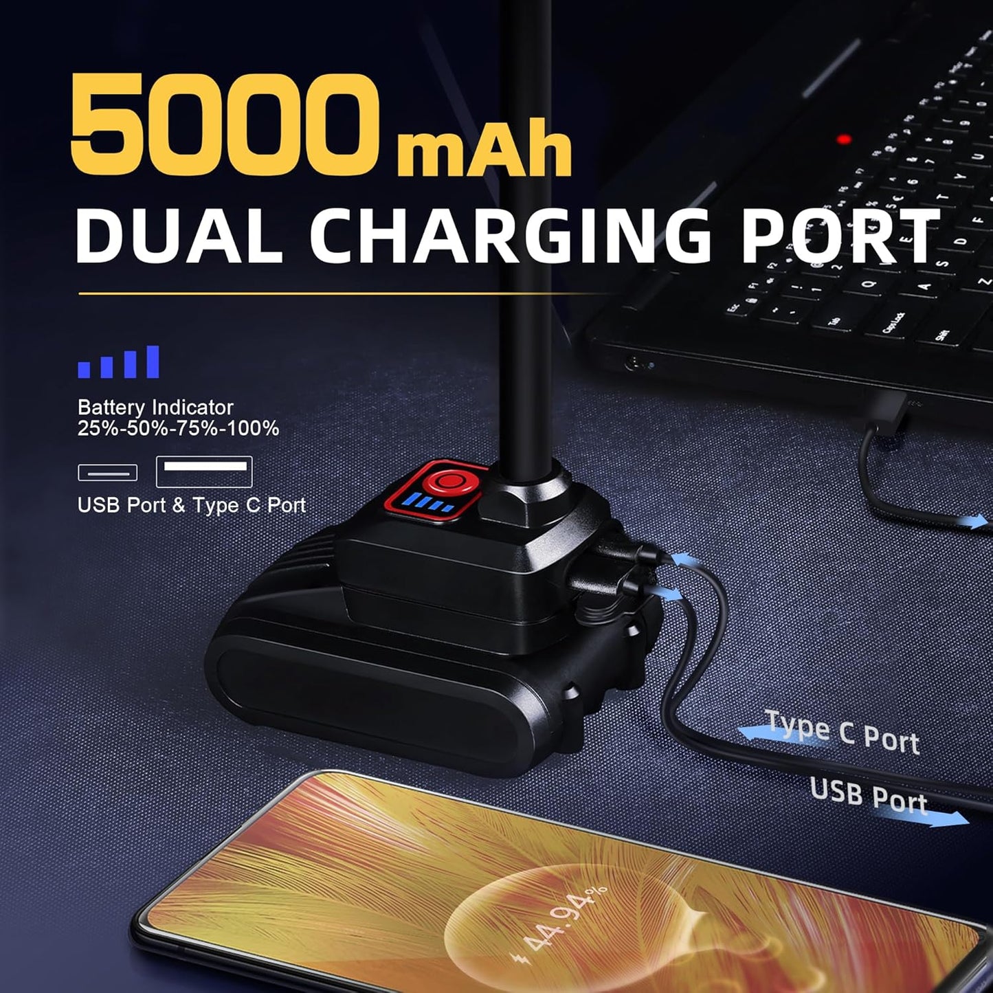 LED Work Light, 5000mAh Magnetic Gooseneck Light Rechargeable, 2000 Lumen 360°Flexible Mechanic Lamp with Hook, Job Site Lights for Men, Work Bench, Auto-Repairing, Emergency, Power Outage