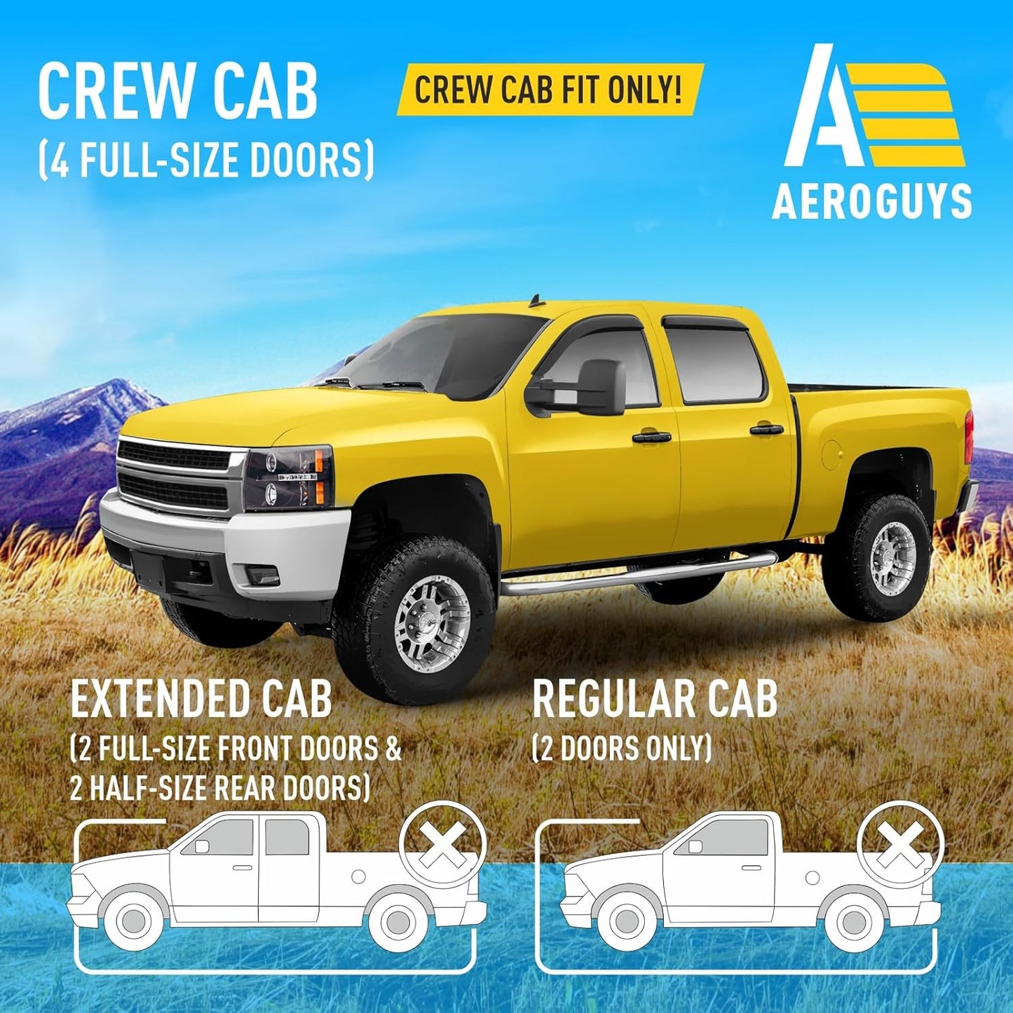 Extra Durable Window Deflectors Tape-On Window Visors Rain Guards Fit for Chevrolet (Chevy) Silverado 1500 2007-2013 Crew Cab, Sun Visors, Wind Vent for Shades, Exterior Car Accessories - 4pcs. AG0012