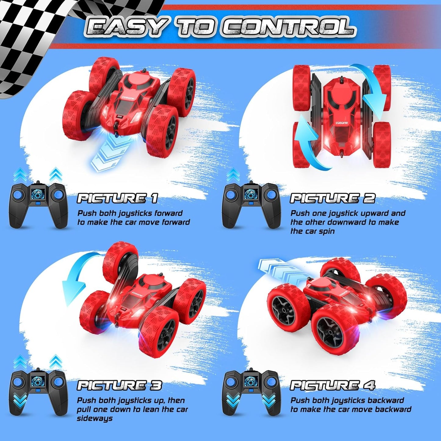 Remote Control Car for Boys - Car Toy for Kids Age 6 7 8 9, 4WD 2.4Ghz Double Sided 360° Rotating RC Cars with Headlights, Christmas Birthday for Boys and Girls - Red