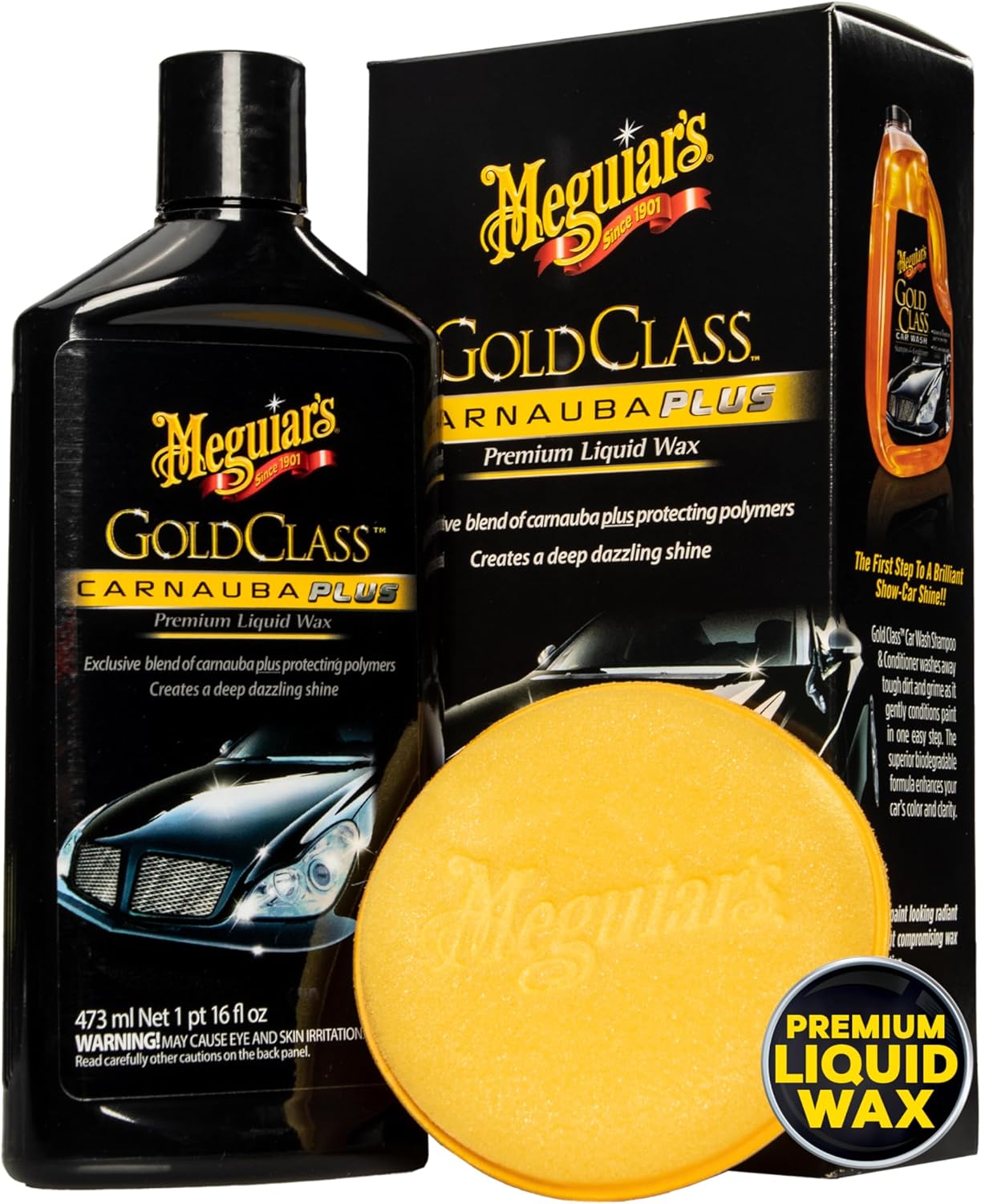 Meguiar's Gold Class Carnauba Plus Premium Liquid Wax Kit, Car Detailing Kit with a Pure Carnauba Wax Blend and a Foam Applicator Pad for Keeping Glossy Paint Protected Like a Pro, 16 Oz Bottle