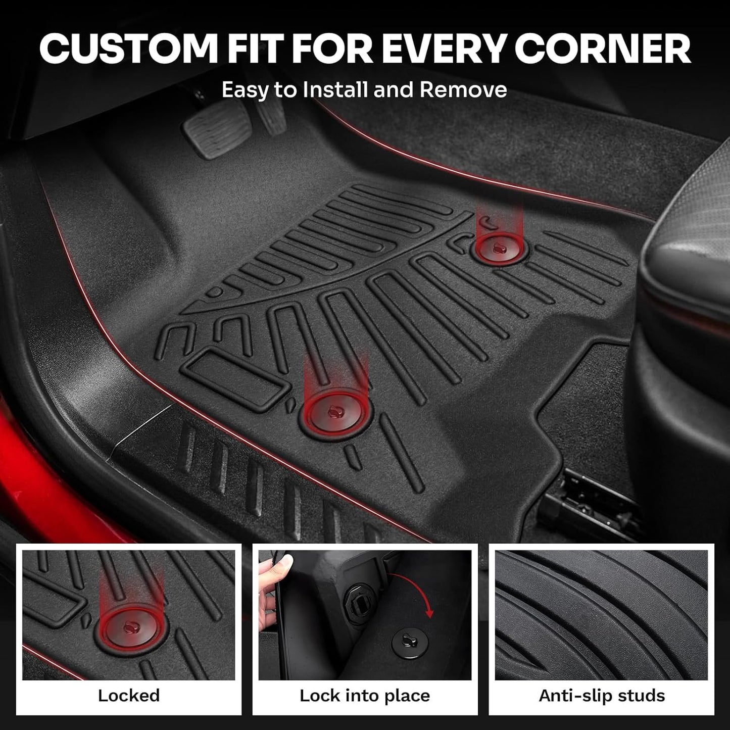 Powerty Floor Mats for 2023-2025 Chevy Colorado/GMC Canyon Accessories, All Weather Car Liners TPE Truck Mats, 1st & 2nd Row Black