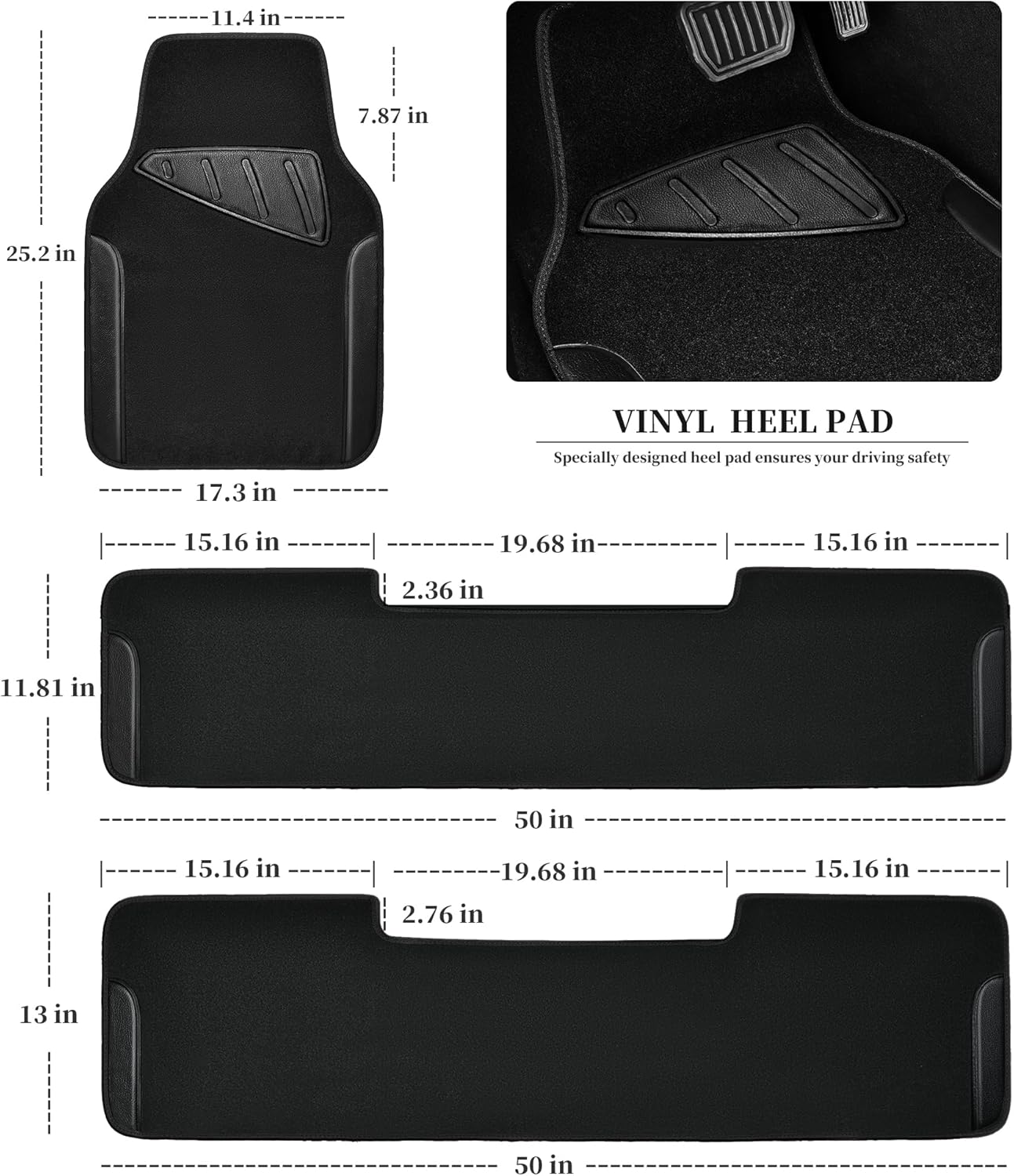 CAR PASS Waterproof Universal Faux Leather 3Row Car Floor Mats, Black Car Mats Fit for SUV,Vans,sedans, Trucks,Set of Vehicles Car Carpet with Driver Heel Pad and Anti-Slip Nibs Backing (Black 3Row)