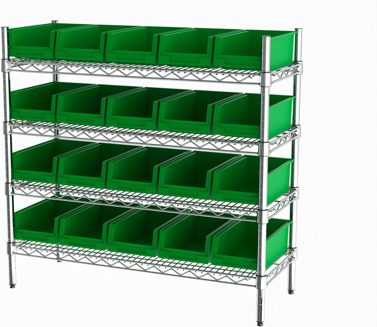 Hudson Exchange 36x14x33, 4-Tier (20 Bins Included), Industrial Wire Shelving Unit with Storage Shelf Bins, Chrome Rack (Green)
