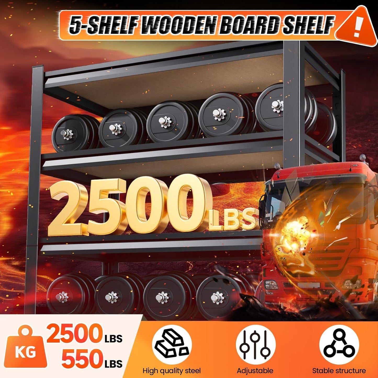 72" H*46'' Storage Shelves 2500lbs Garage Shelving Adjustable Heavy Duty Garage Shelves Easy To Install Metal Shelving Wood Shelving Unit Storage Shelf for Basement Warehouse Industrial Kitchen Pantry