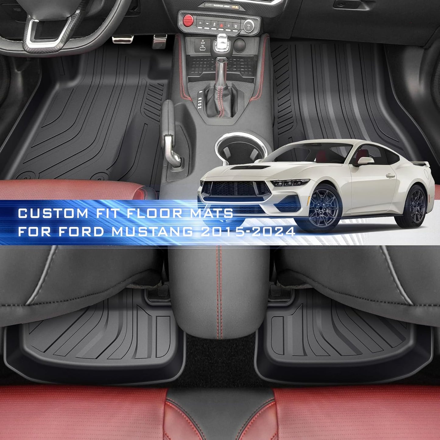 All Weather Floor Mats for Ford Mustang 2015-2017 2018-2024,Cover Protection Waterproof Black Floor Liner Front & Rear Row Full Set Car Mats Accessories for Ford Mustang 2022 2023 2024,Anti-Slip