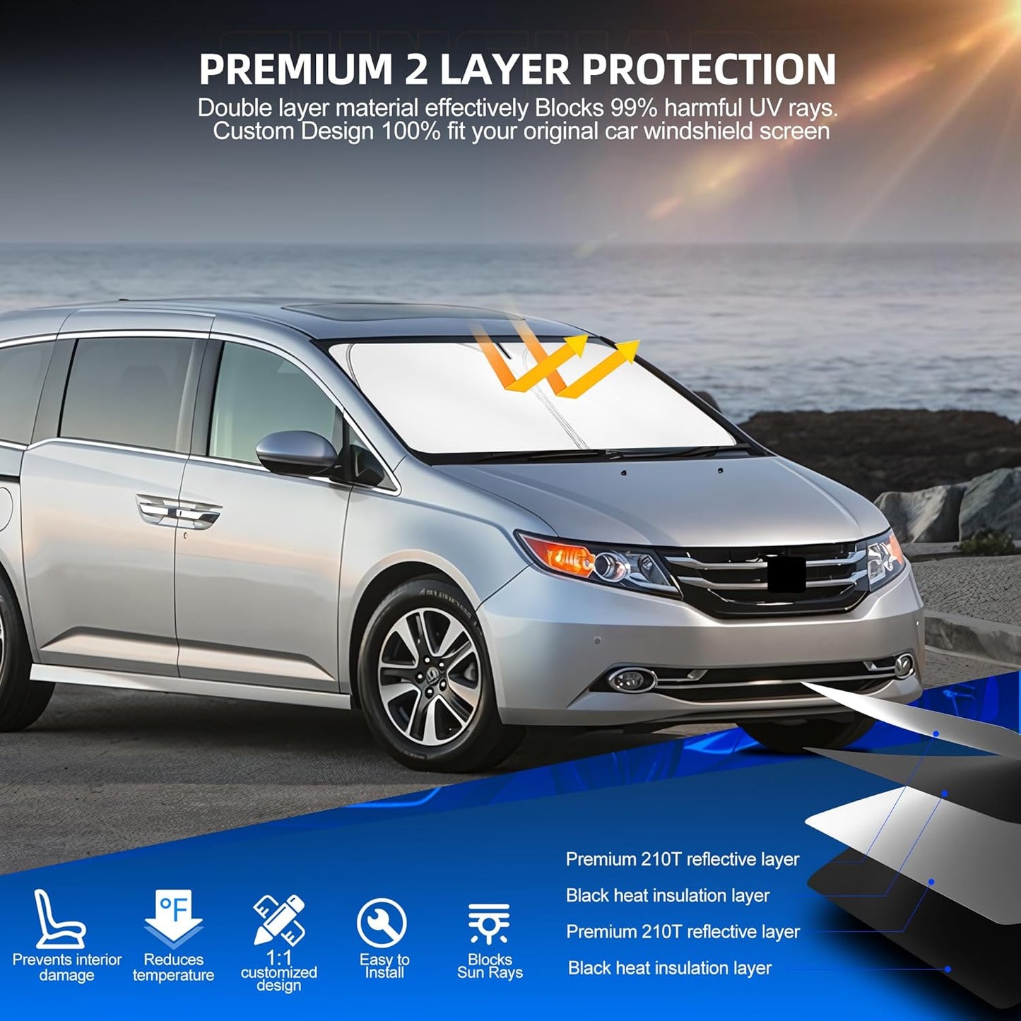 Windshield Sun Shade for Honda Odyssey (LX EX EX-L Touring Elite Minivan) 2011-2017 Foldable Sunshade Custom Fit Front Window Car Interior Accessories Protector Blocks UV Rays