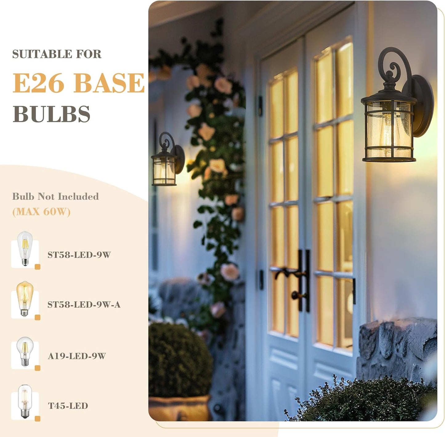 Emliviar Modern Porch Lights 2 Pack - Outdoor Wall Light Fixtures Wall Mount for Garage, Black Finish with Seeded Glass Shade, XE229B-S-2PK BK