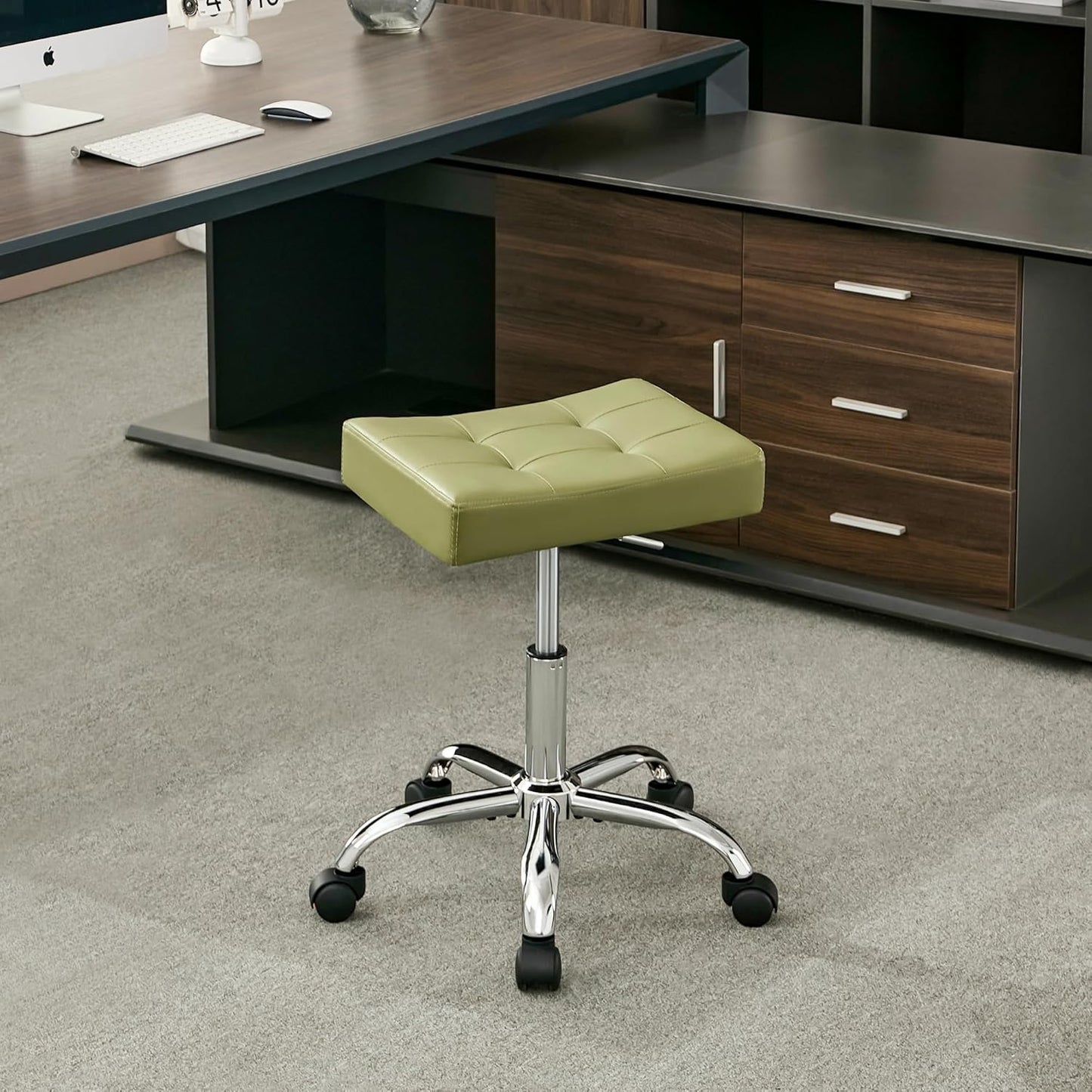 Adjustable Work Stool with Wheels (300lbs Capacity) (Saddle Shaped Seat) Faux Leather Workbench Stool (Green)