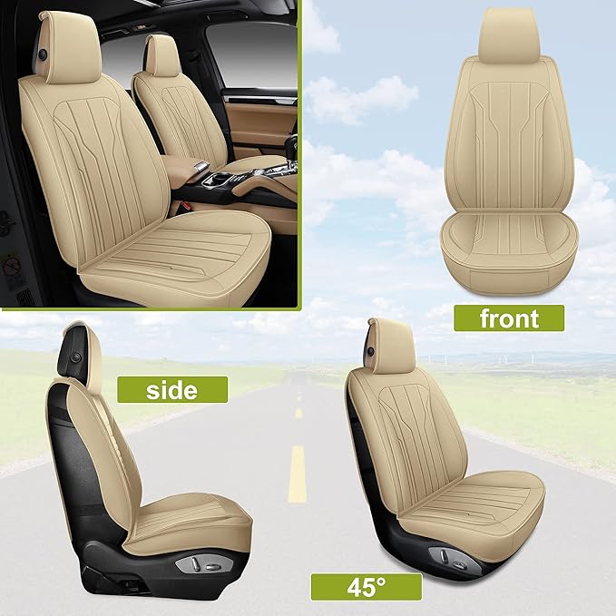 AOOG Leather Car Seat Covers, Leatherette Automotive Seat Covers for Cars SUV Pick-up, Non-Slip Vehicle Car Seat Covers Universal Fit Set for Auto Interior Accessories, Full Set, Beige