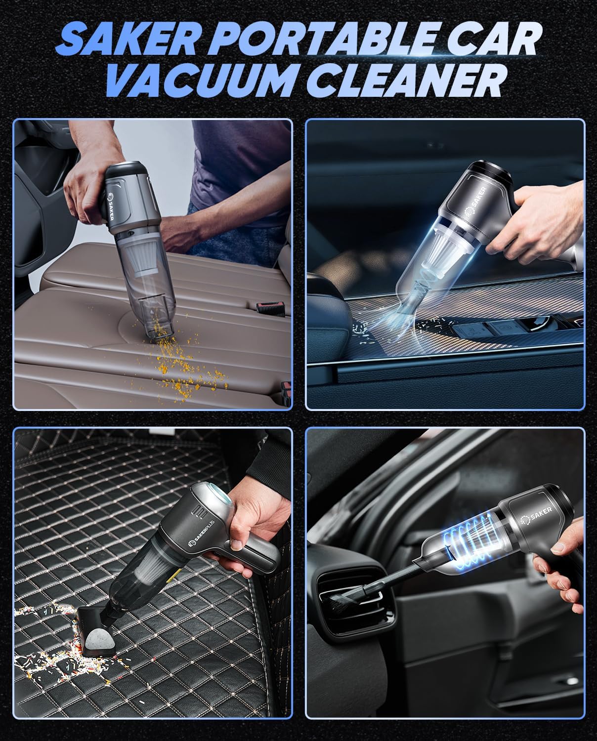 Saker Car Vacuum Portable Cordless 3 in 1 Handheld Car Vacuum 15000PA High Power with Brushless Motor and TypeC for Cars,Office,Home Cleaning HL107B