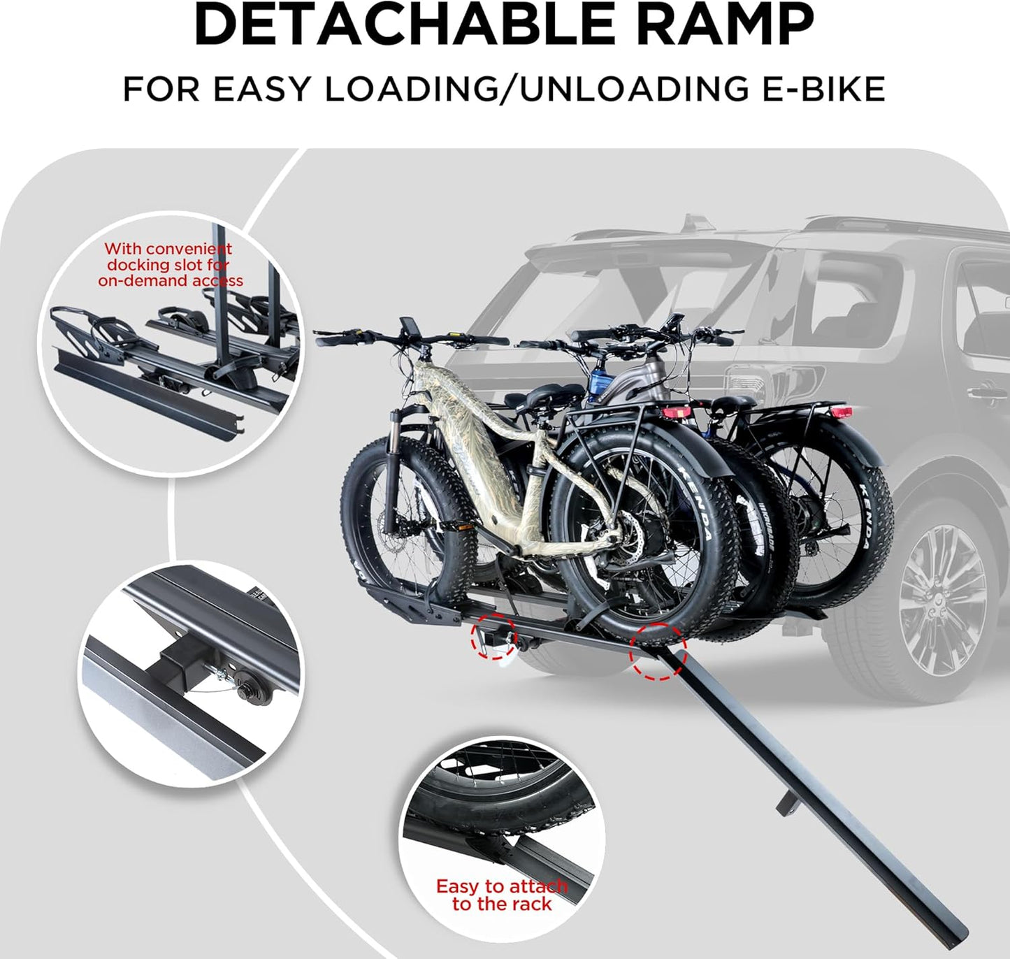 250LBS. Capacity Foldable 3-Ebike Rack with Ramp for Car SUV RV Truck Trailer and Van, 2 Inch Receiver