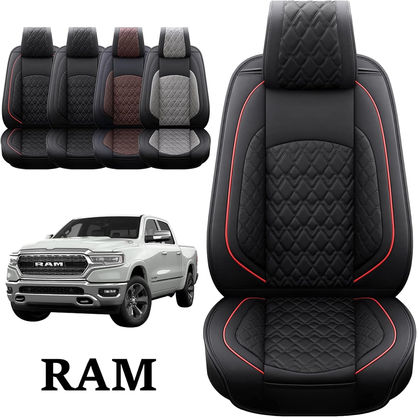 JOJOBAY Car Seat Covers for Dodge Ram 2 Pcs Front,Fit Ram 2009-2025 1500/2500/3500 Pick-up Truck,Crew,Regular,Quad,Mega Cab,Waterproof Leather Seat Covers Protectors（2 PCS Front,Black/Red）