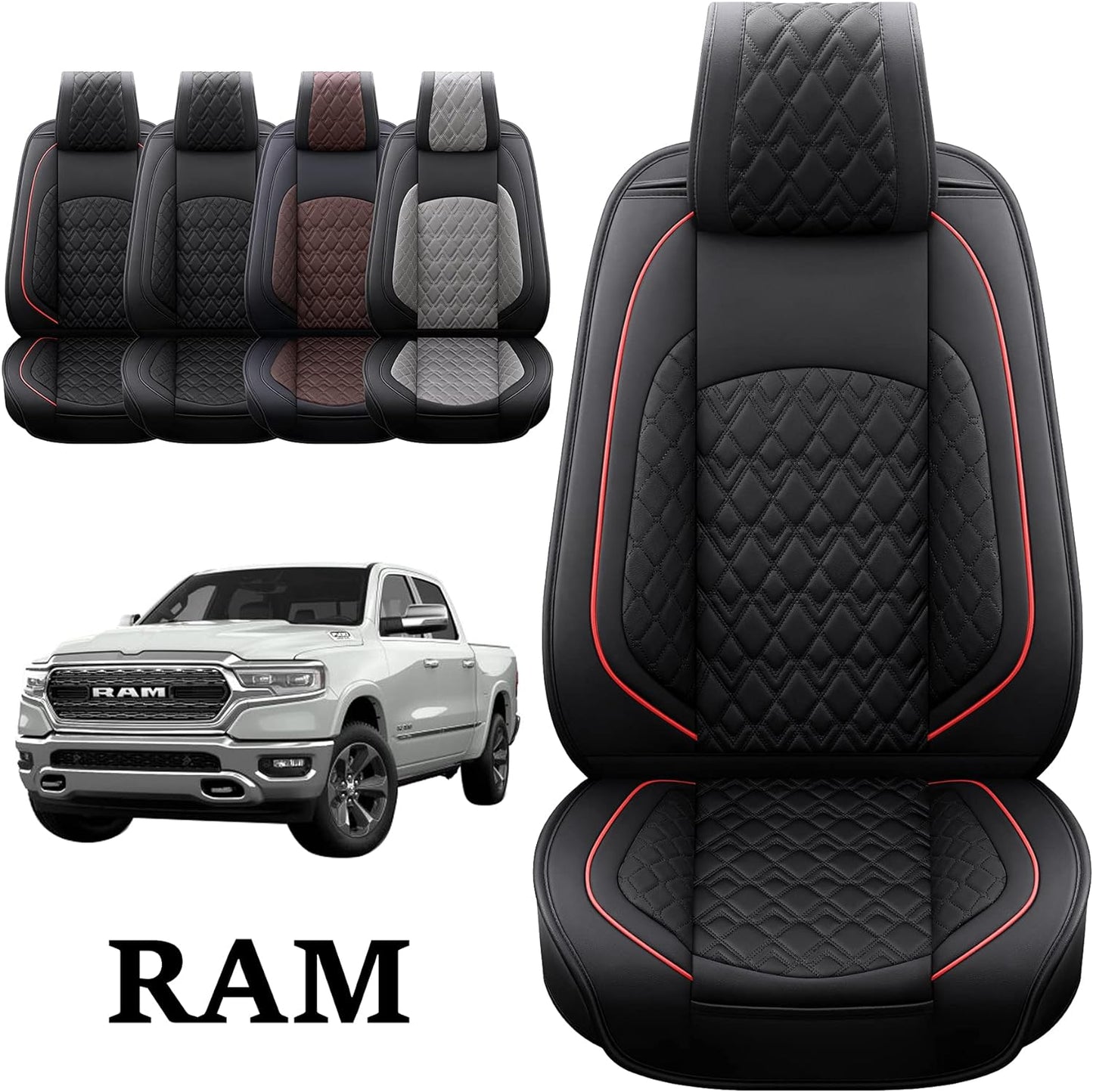 JOJOBAY Car Seat Covers for Dodge Ram Full Set,Fit Ram 2009-2025 1500/2500/3500 Pick-up Truck,Crew,Regular,Quad,Mega Cab,Waterproof Leather Seat Covers Protectors（5 PCS Full Set,Black/Red）