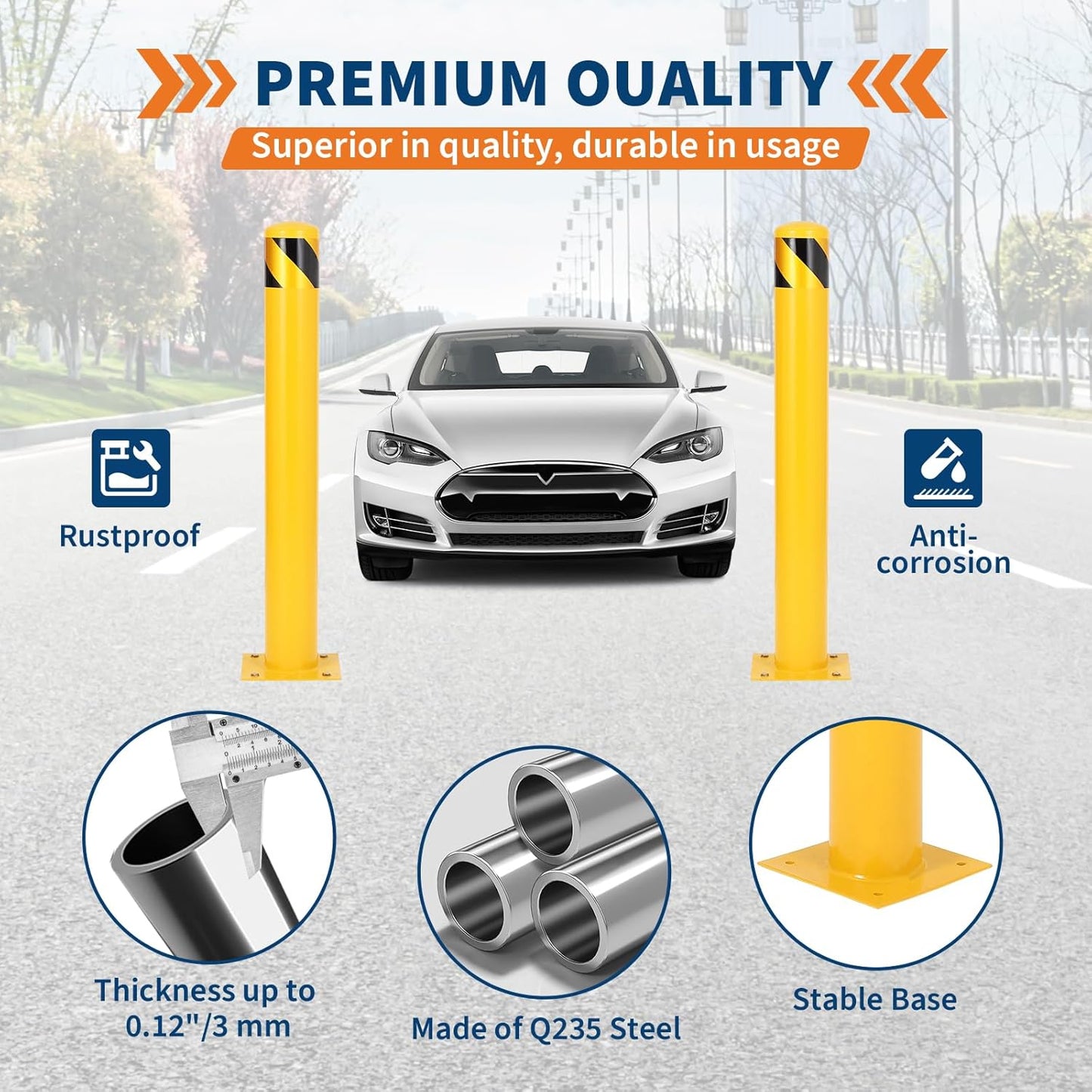 4.5x36 Inch Safety Bollard Post - Yellow Steel Bollard with Anchor Bolts (2-Pack) for Parking Lots, Walkways & Traffic Areas