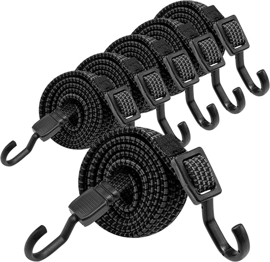 Bungee Cords, Flat Adjustable Bungee Cords with Hooks Heavy Duty 48 Inch, Elastic Rubber Black Bungee Straps with Buckle Hooks for Outdoor, Camping, Tarps, Bike Rack, Tent, Truck, 6 Pack