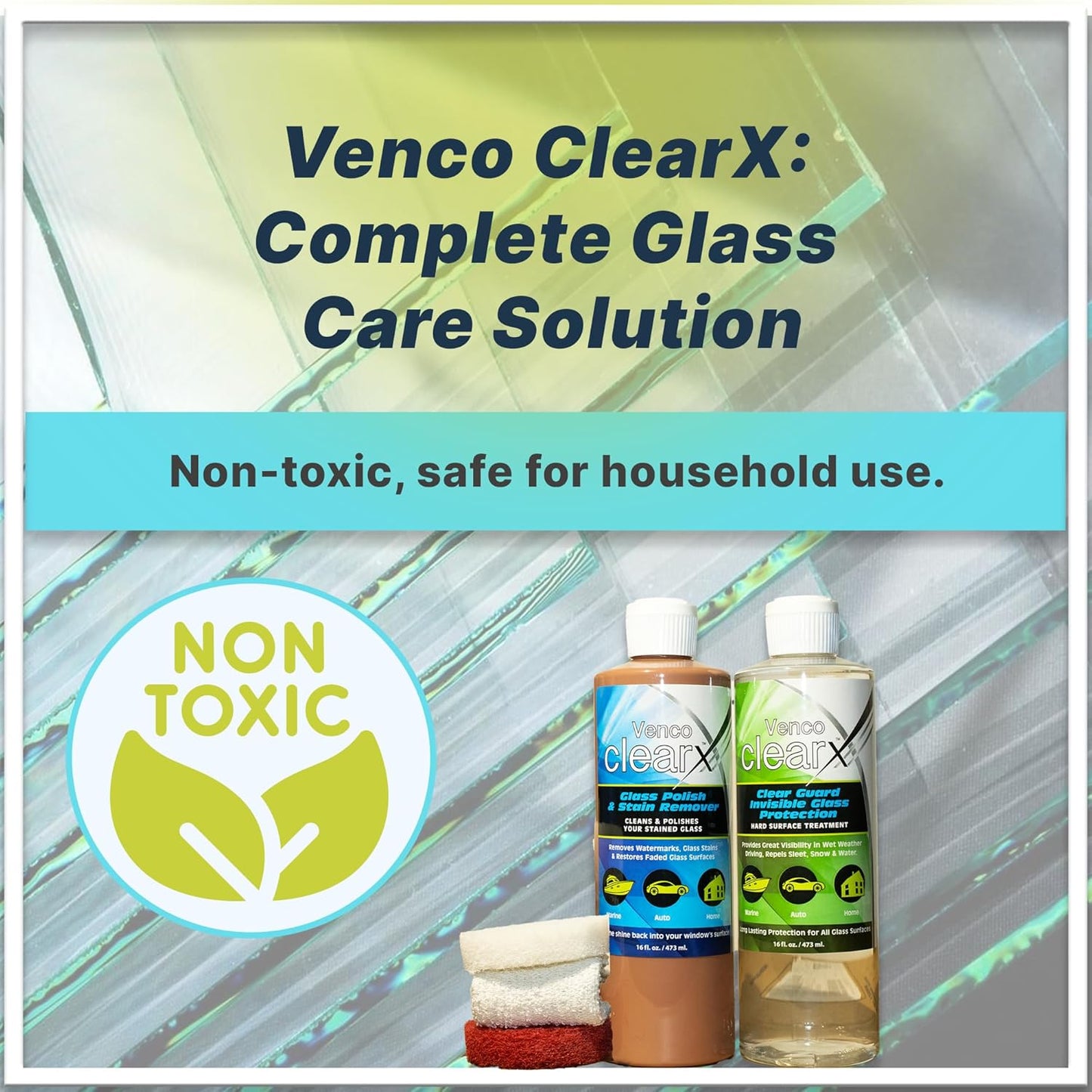 Venco Clear X Glass Polish & Protector - 16oz Kit for Removing Rust, Burnt-In Stains, Water Spots - Protects & Repels Water, Snow - Ideal for Yachts, Cars, Home Windows, RVs & More - Made in USA