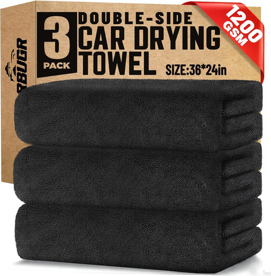 Microfiber Towels for Cars, 3 Pack Dual Sided Drying Towels Car Detailing， 1200GSM Car Drying Towel(24″x 36″), Ultra Absorbent Car Cleaning Towel, No Streak or Scratch, Machine Washable