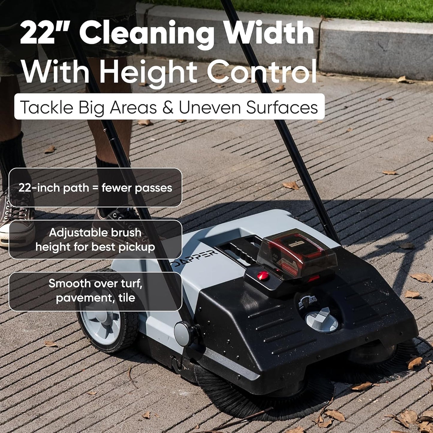 Battery Powered Artificial Grass & Hard Surface Sweeper, 22" Wide Cleaning Path, 6.5-Gal Bin, Adjustable Height, 4h Battery, Foldable, for Artificial Grass, Sidewalks, Driveways, Workshops, Garages