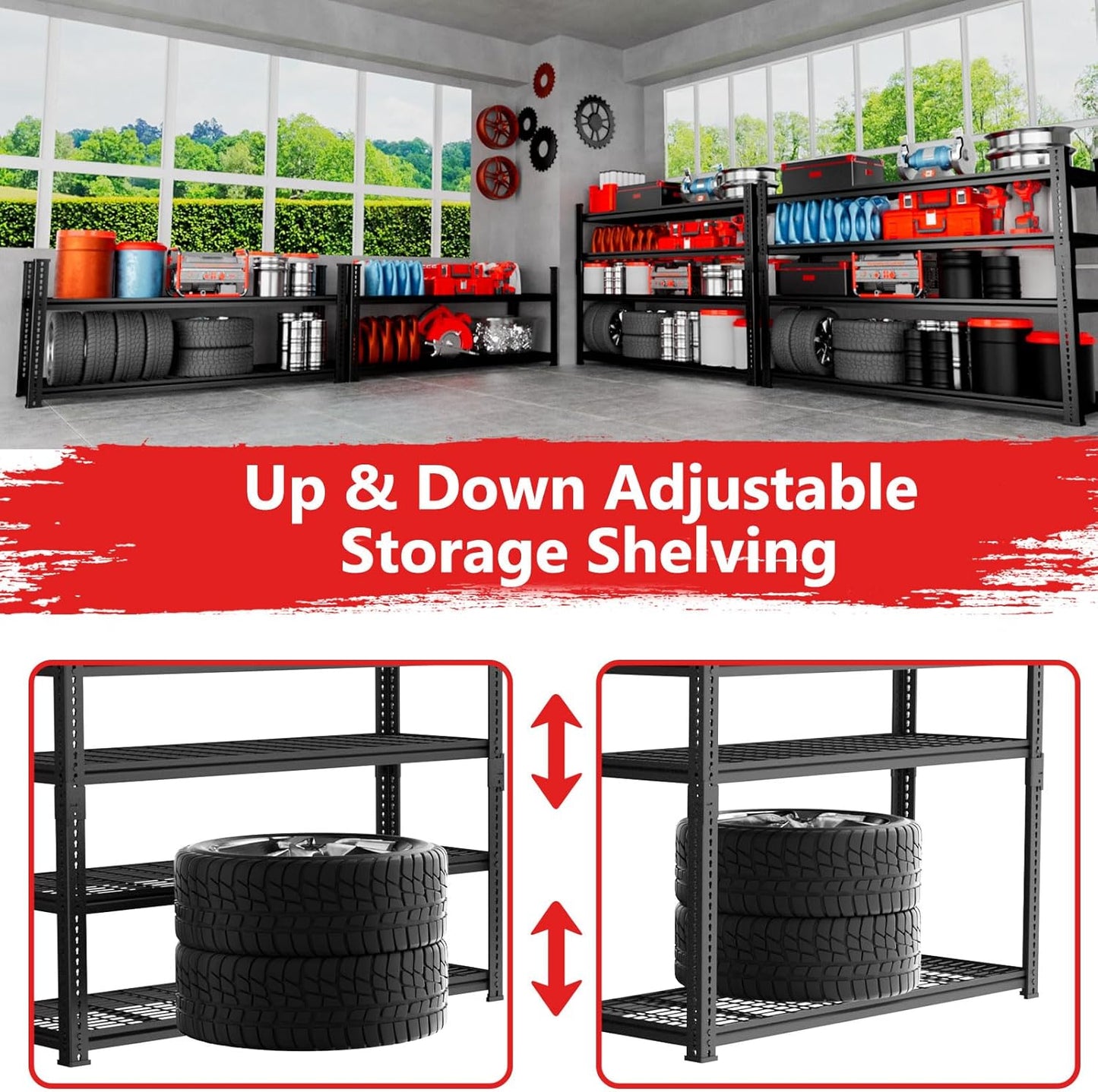Storage Shelves 2PCS, Garage Shelving Heavy Duty 2640LBS Capacity, 48"L x 18"W x 60"H Adjustable Metal Shelving Organizer Wire Rack, 4 Tier Utility Shelf Unit for Pantry Closet Warehouse Organization