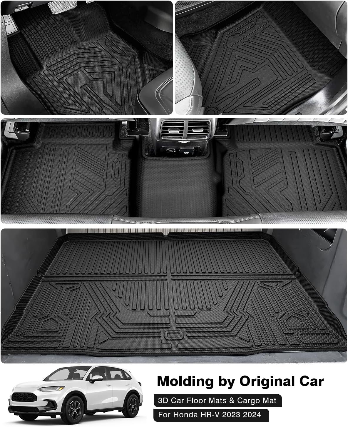 Powerty Floor Mats & Cargo Liner for 2023 2024 2025 Honda HRV HR-V Accessories Floor Mats 2 Row Liner Set All Weather TPE 3D Floor Liners&Rear Cargo Mat