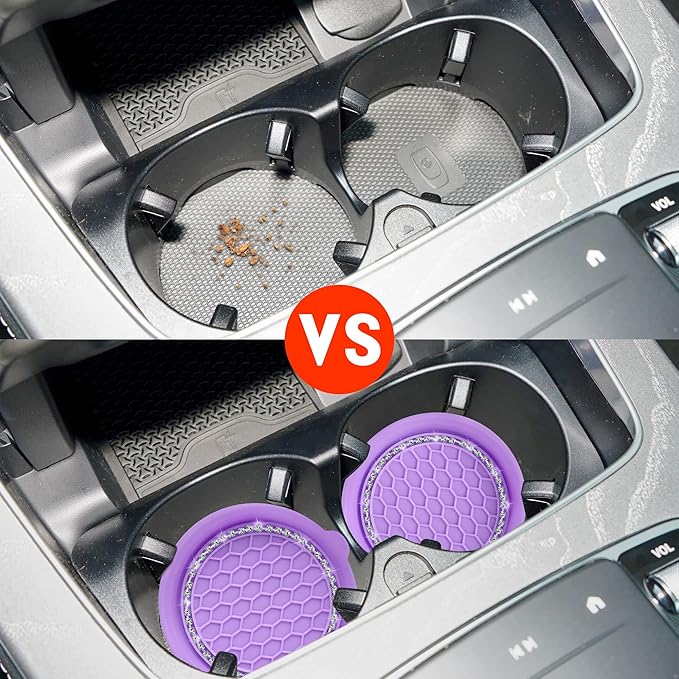 Amooca Car Cup Coaster Universal Non-Slip Cup Holders Bling Crystal Rhinestone Car Interior Accessories 2 Pack Purple