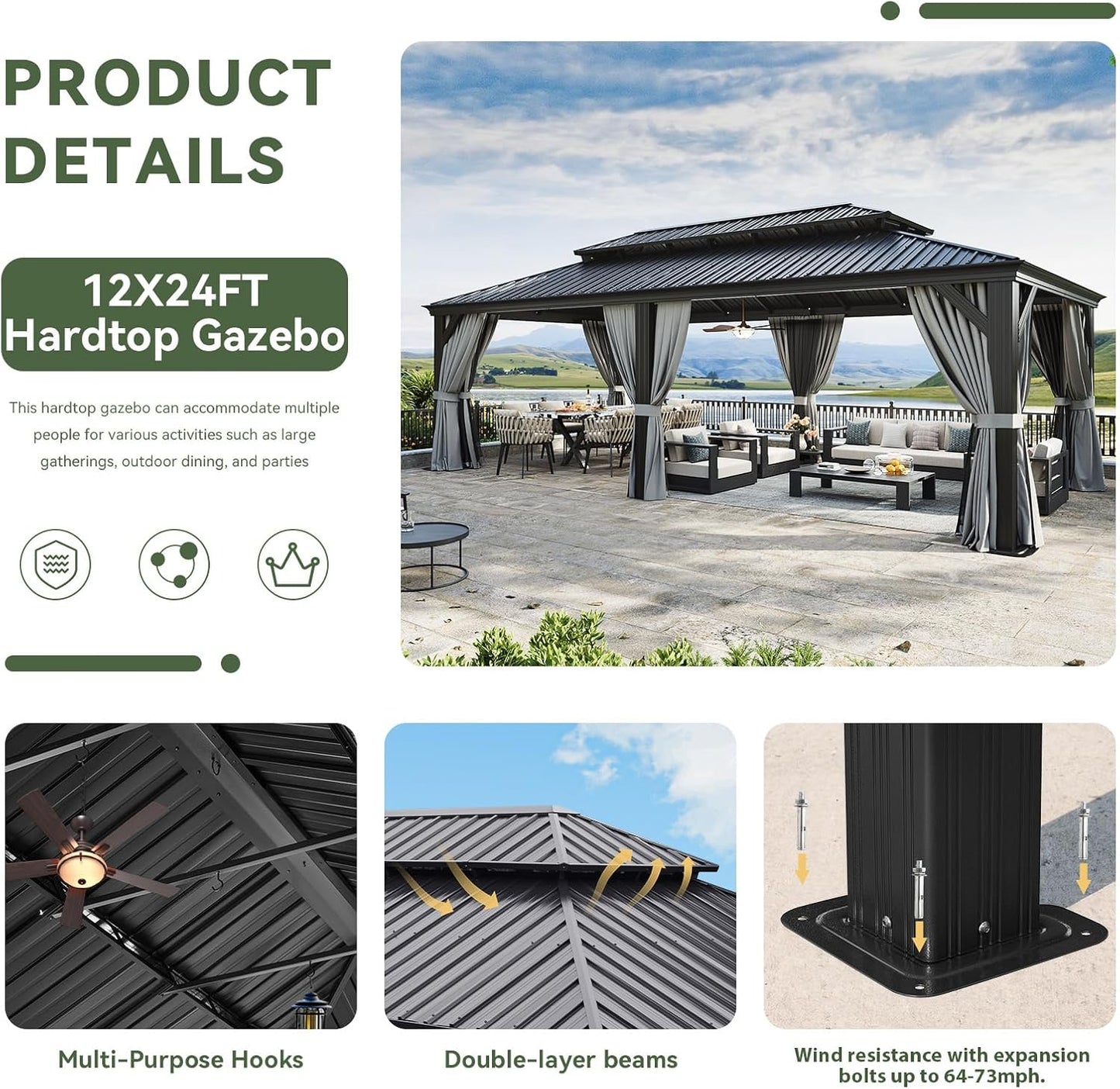 Aoxun 12' X 24' Hardtop Gazebo with Drainage System, Aluminum Outdoor Gazebo with Galvanized Steel Double Roof, Patio Permanent Metal Pavilion with 20 inch Ceiling Fan, for Garden, Deck, Grey