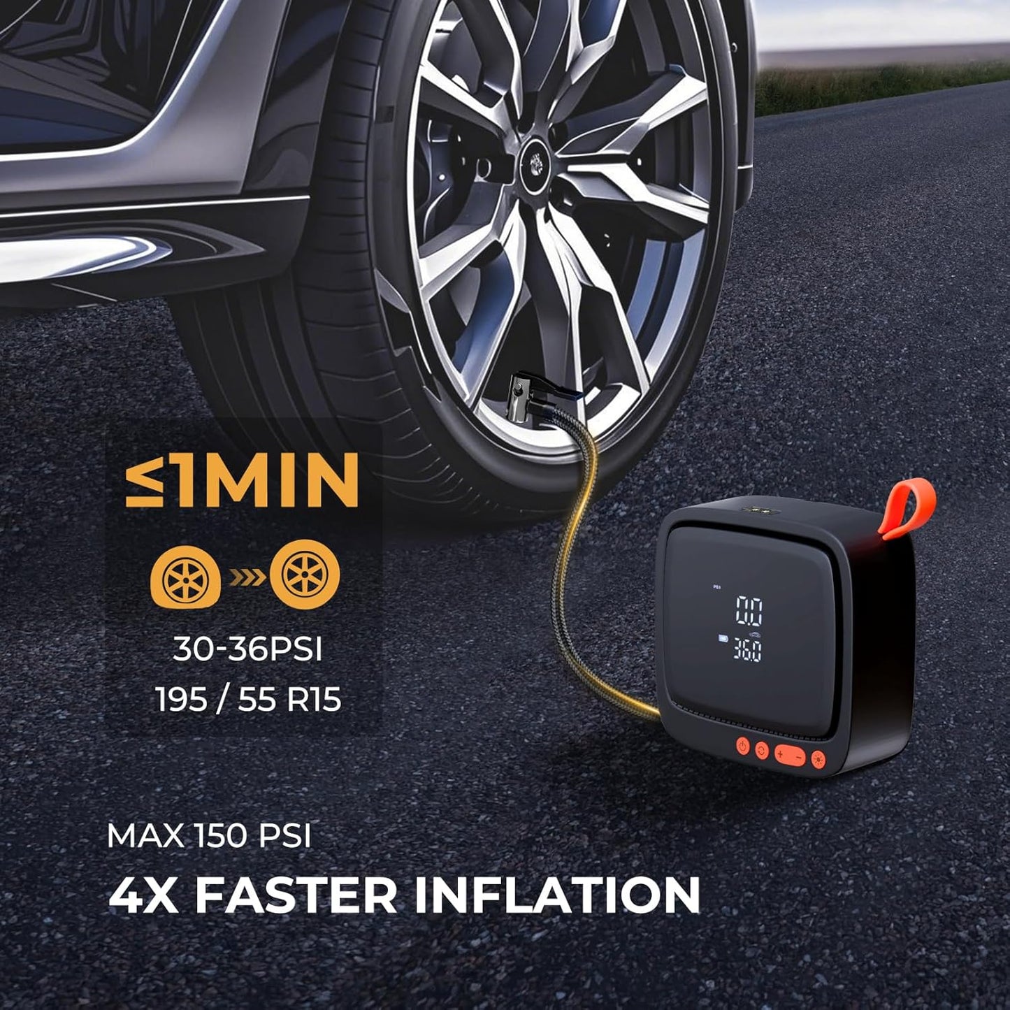 AP22 Tire Inflator Portable Air Compressor, 150 PSI Faster Inflation Cordless Air Pump, Dual Power & Digital LCD Display, Auto Shut-Off, Tire Inflator for Car, Bicycle, Motorcycle, Ball