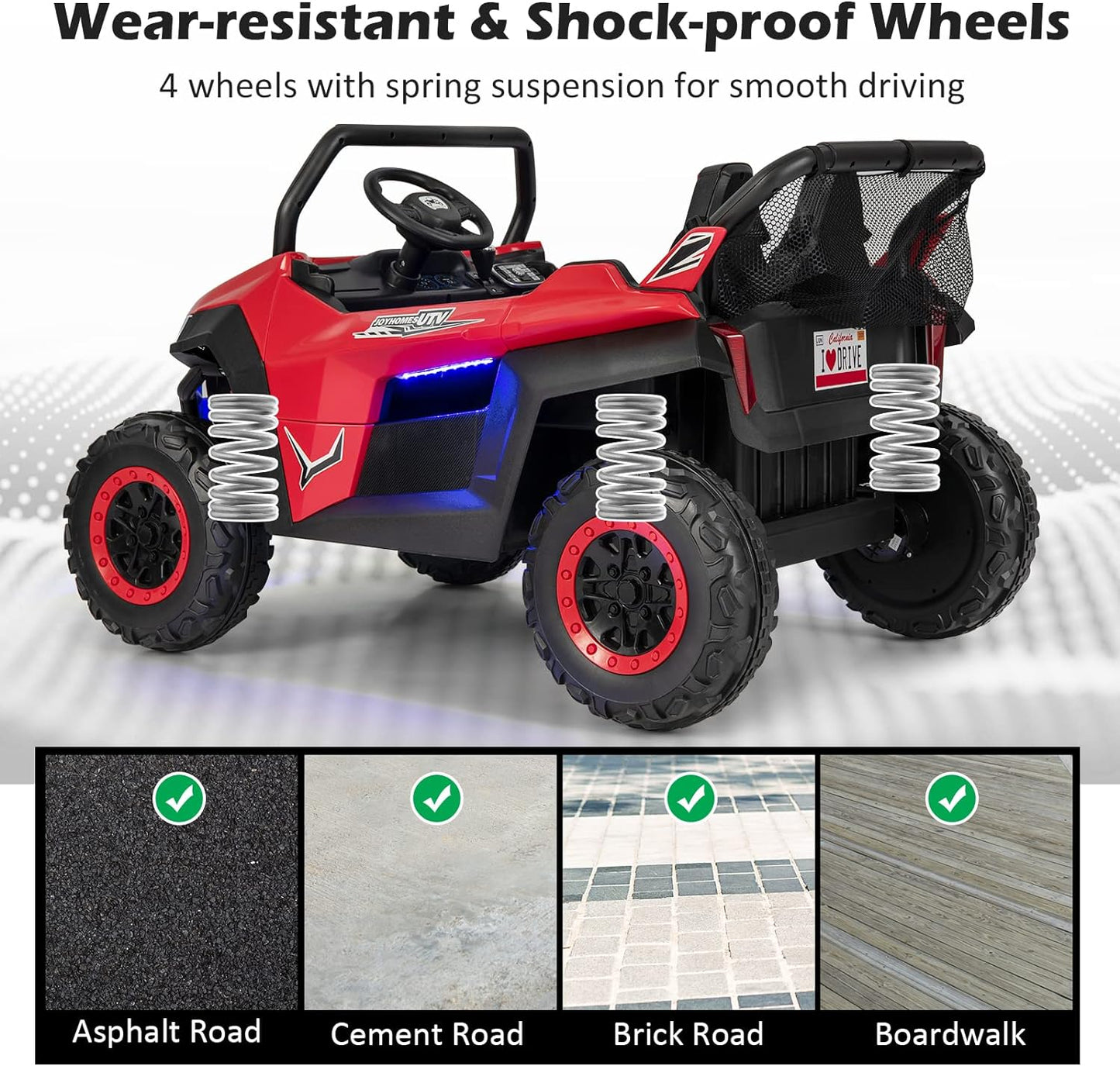 Costzon 2-Seater Ride on Car for Kids, 12V Kids' Electric Vehicles w/Remote Control, 4 Shock Absorbers, Wireless Music & FM, 3 Speeds, Ambiance Lights, Electric Car UTV for Boys Girls (Red)