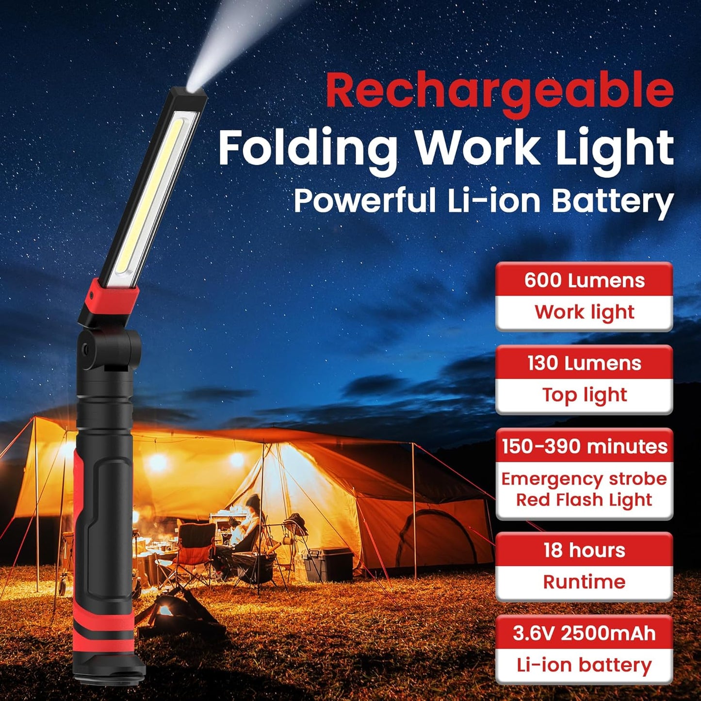 Rechargeable Work Light 2500mAh Magnetic LED Work Light Flashlight Mechanic Light Tool Gifts for Men Him, Foldable Lamp with Hook for Car Repair Emergency BBQ Grill (2 Pack)