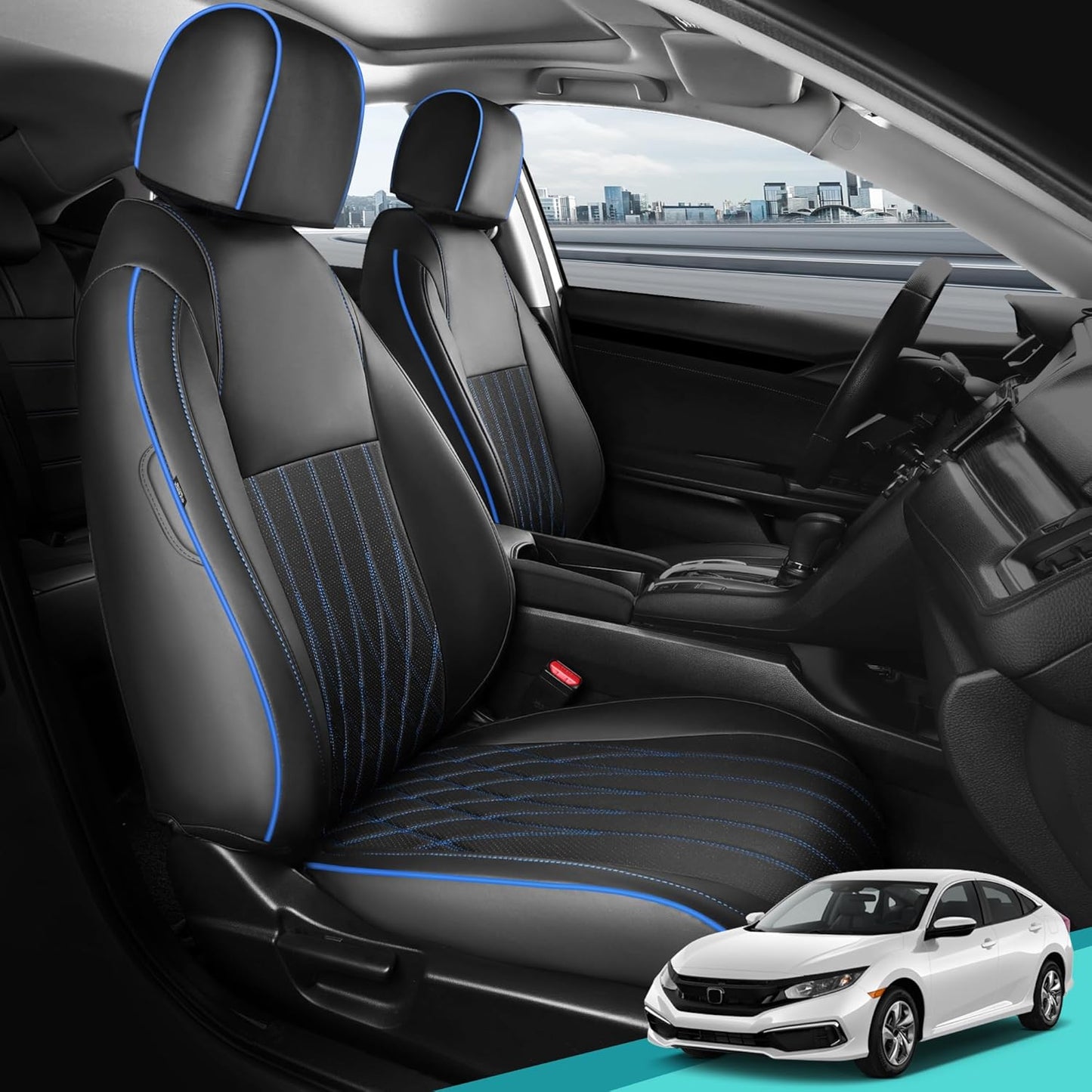 Seat Covers for Honda Civic Sedan 4DR Sedan LX 2022 2023 2024 2025.Faux Leather Car Seats Cover Full Set,(Rear Row Solid Folding Backrest)-BlackBlue