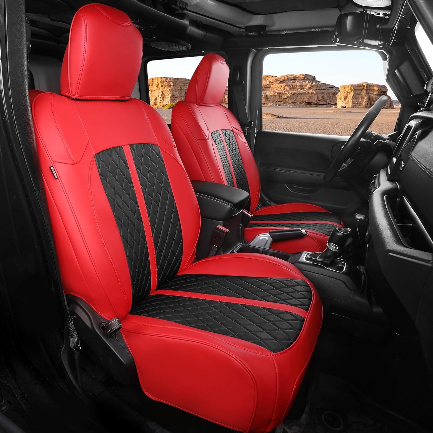 for Jeep Wrangler Seat Covers 4Door JL 2018 2019 2020 2021 2022 2023 2024 2025, Custom Fit Car Seat Cover Full Set, Luxury Waterproof Leather Seat Protectors, Red Black, with Rear Cup Holder