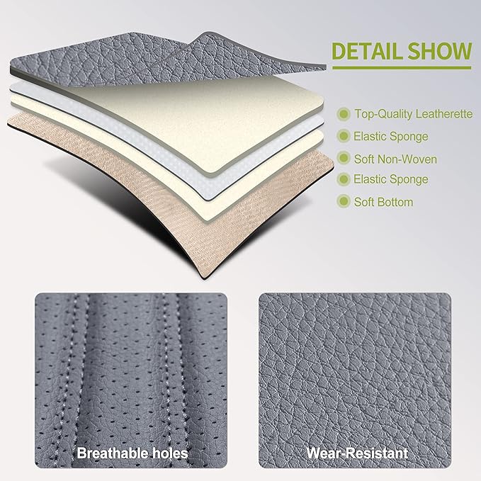 AOOG Leather Car Seat Covers, Leatherette Automotive Seat Covers for Cars SUV Pick-up Truck, Non-Slip Vehicle Car Seat Covers Universal Fit Set for Auto Interior Accessories, Full Set, Gray