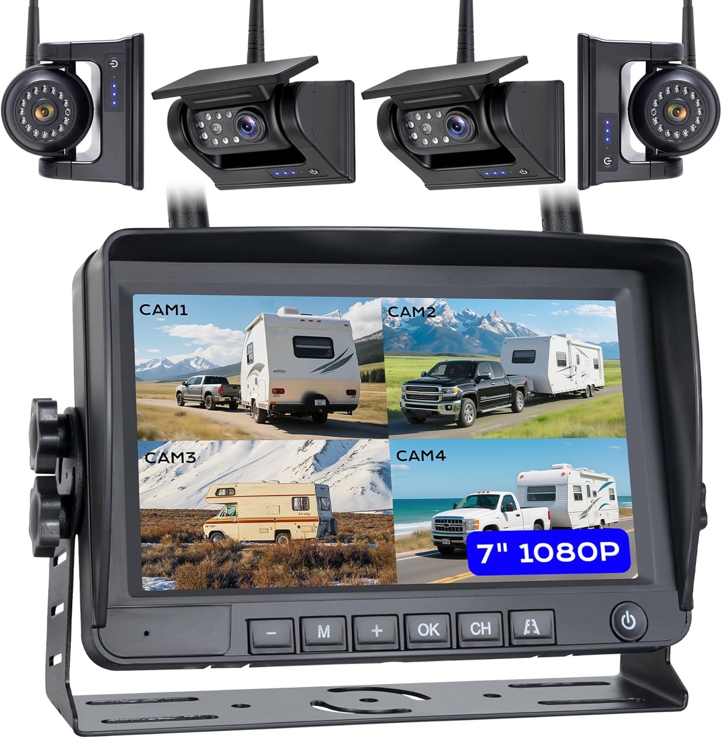 1080P 7" Magnetic Wireless RV Backup Camera System, 2 Rear Cameras + 2 Side Cameras for Reversing/Monitoring Trailer Camper, 1080P DVR Monitor, 4x9600mAh Waterproof IR Night Vision RV Cameras