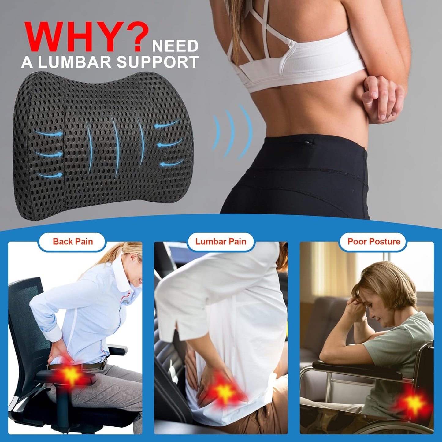 Mesh Memory Foam Lumbar Cushion Offers Comfortable Back Support and Pain Relief for Car-Office Chair, Wheelchair - Mesh Black