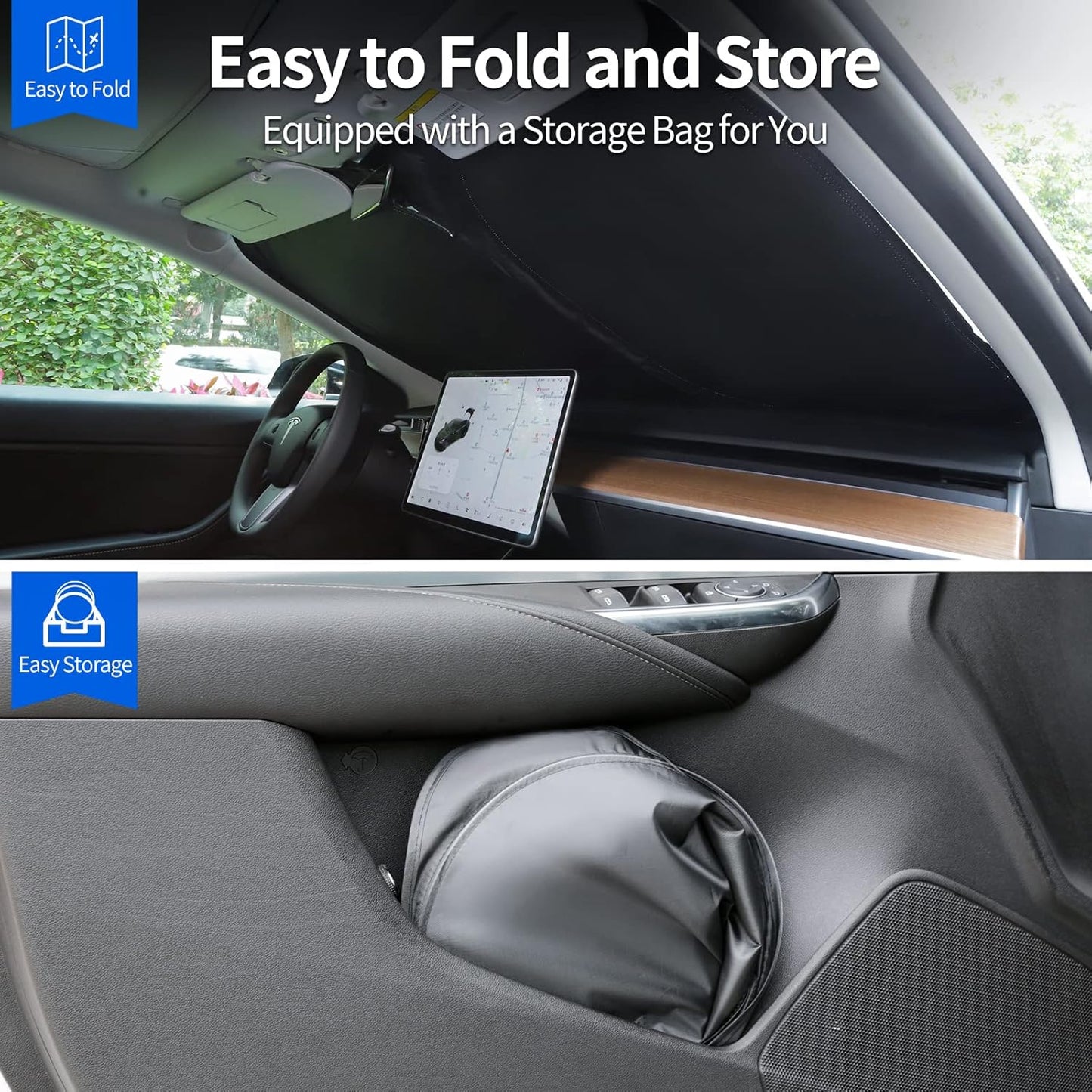 Upgraded Sunshade for Tesla Model 3/Y Windshield, Improved UV Protection Fabric, Metal Frame, Full-Size Foldable Front Sun Shade, Professional Accessories for Tesla Model 3/Y 2016 to 2025