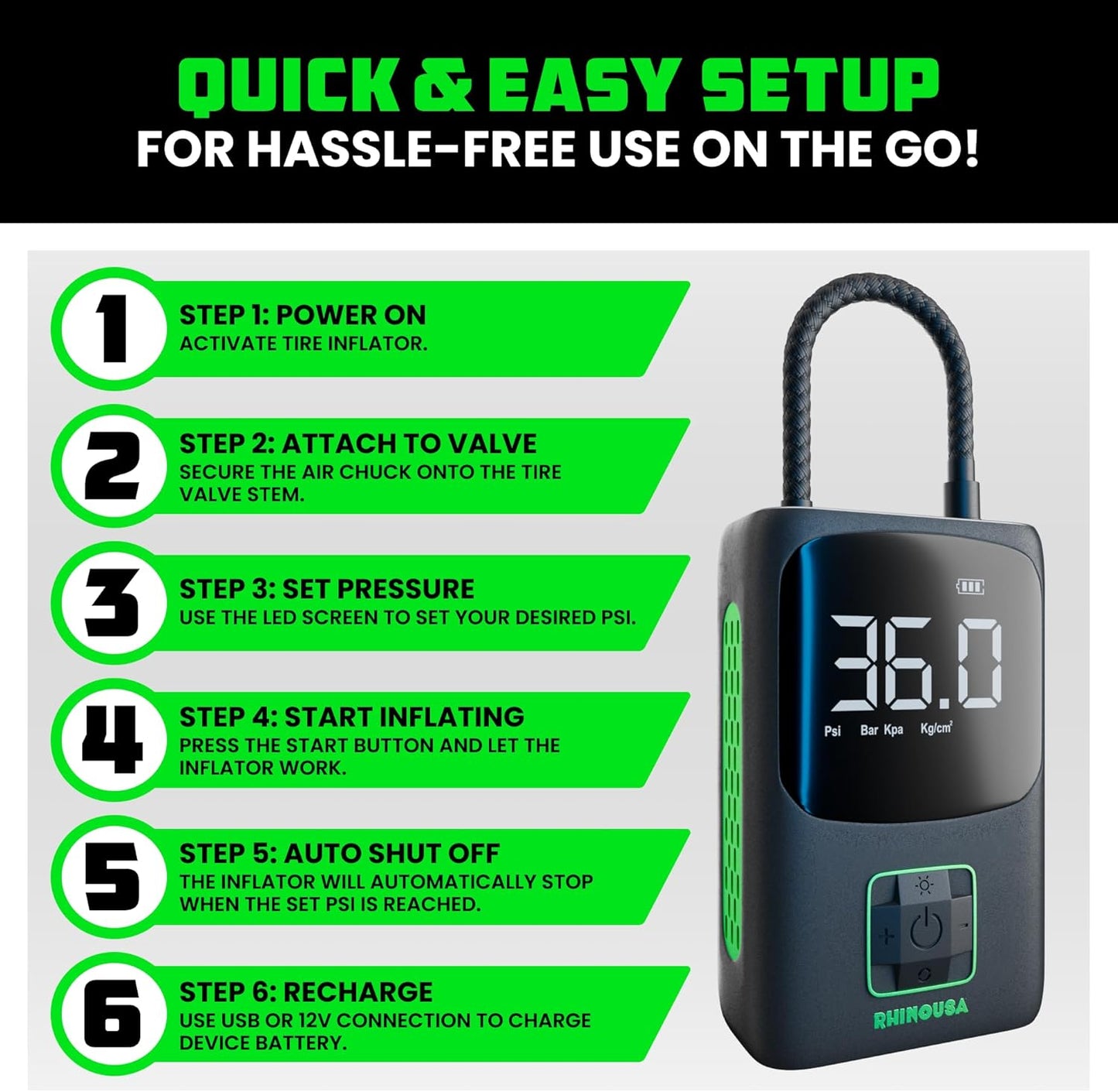 Rhino USA Tire Inflator Portable Air Compressor (150 PSI) Upgraded Air Pump for Car Tires with Digital Pressure Gauge - Best Mini Air Pump for Bike Tires with Dual LCD Screen (Black & Green)