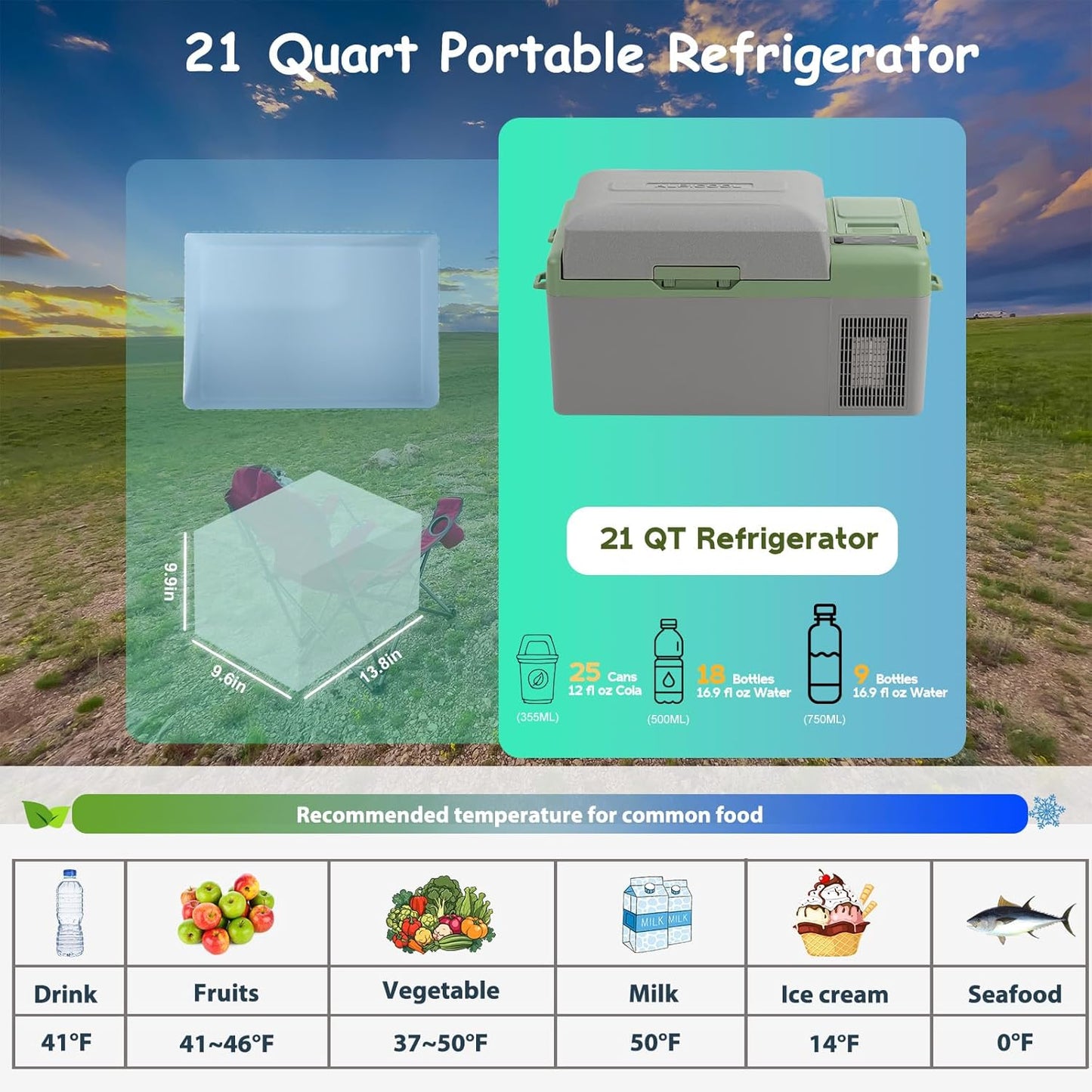Alpicool Y19E Portable Fridge 12 Volt Car Refrigerator 21Quart Freezer for Fishing, Camping, RV, Truck, Boat-12/24V DC