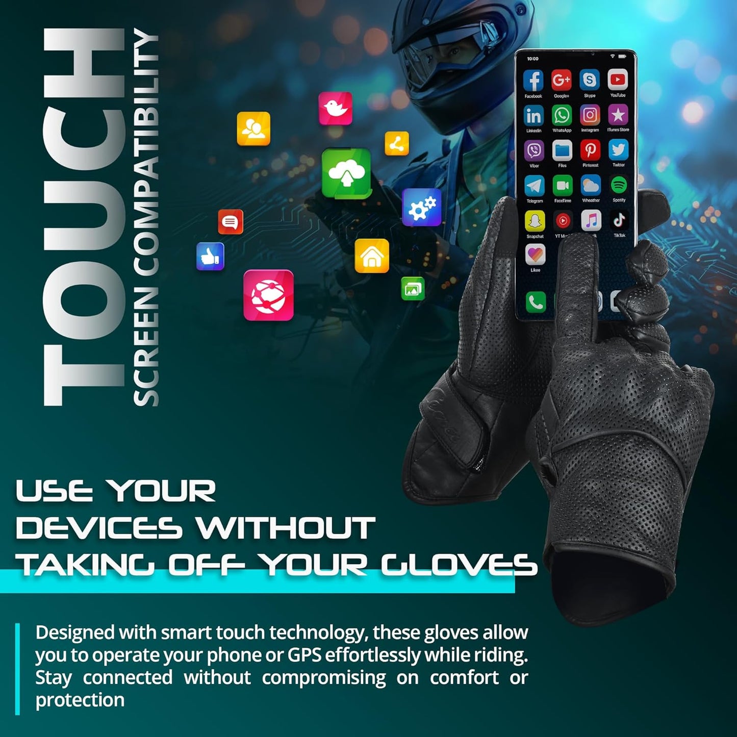 aasportx Motorcycle Gloves - Men's Leather Motorbike Gloves with Touchscreen Function - Non-Slip Pads for Men & Women