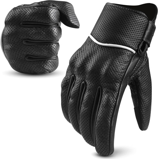 aasportx Motorcycle Gloves - Men's Leather Motorbike Gloves with Touchscreen Function - Non-Slip Pads for Men & Women