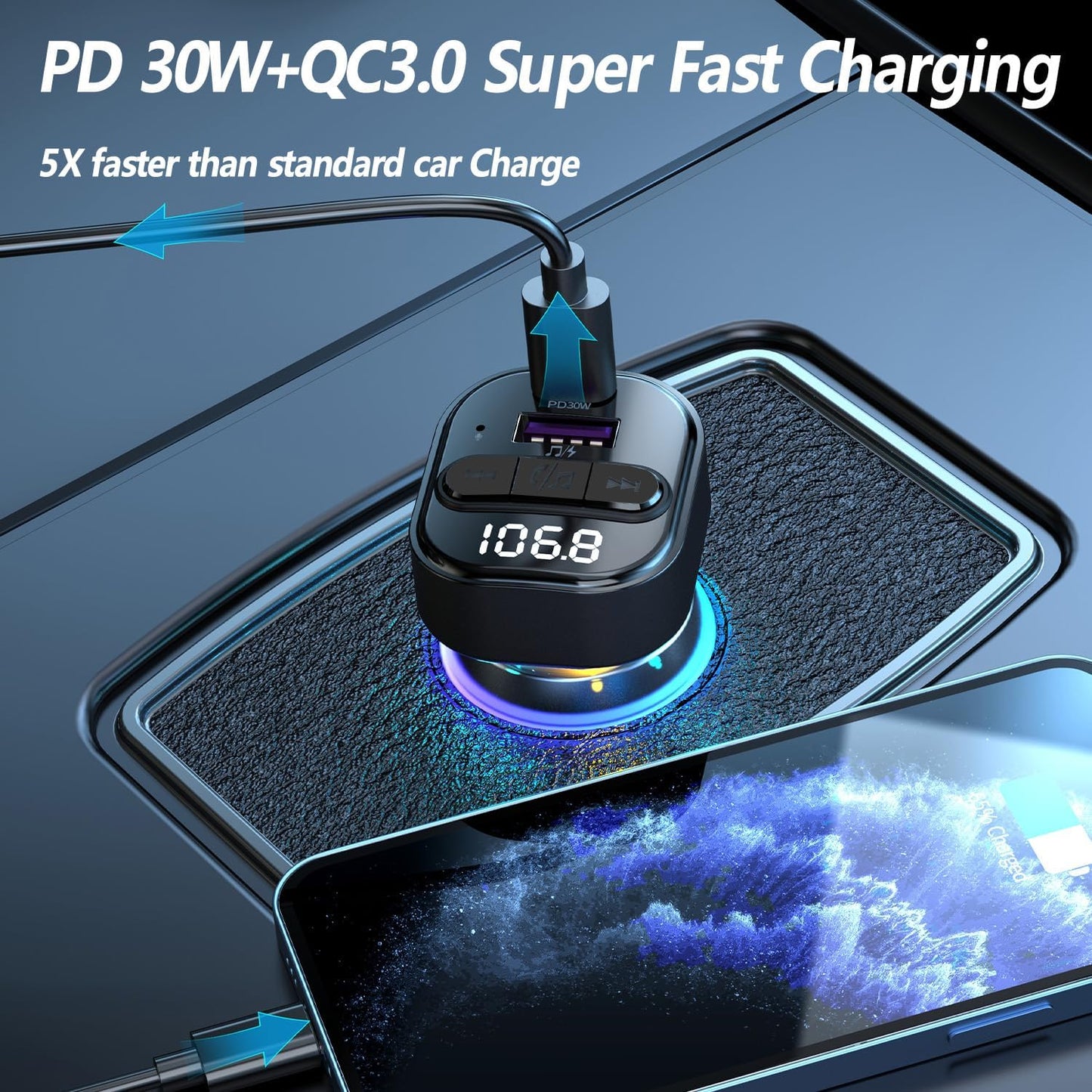 Bluetooth 5.3 FM Transmitter for Car, Bluetooth Car Adapter with Type-C PD(30W) Charger and QC3.0 USB Port, Wireless FM Radio Transmitter, Support MP3 Player, Handsfree Calling, Backlit,U Disk, Grey