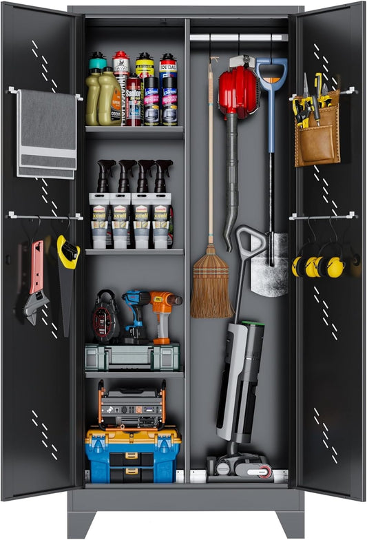 Metal Garage Storage Cabinet with Locking Doors, 71" Tall Broom Closet Storage Cabinet, Heavy Duty Garage Organization Cabinets, Steel Cabinet with Hanging Rod, Assembly Required