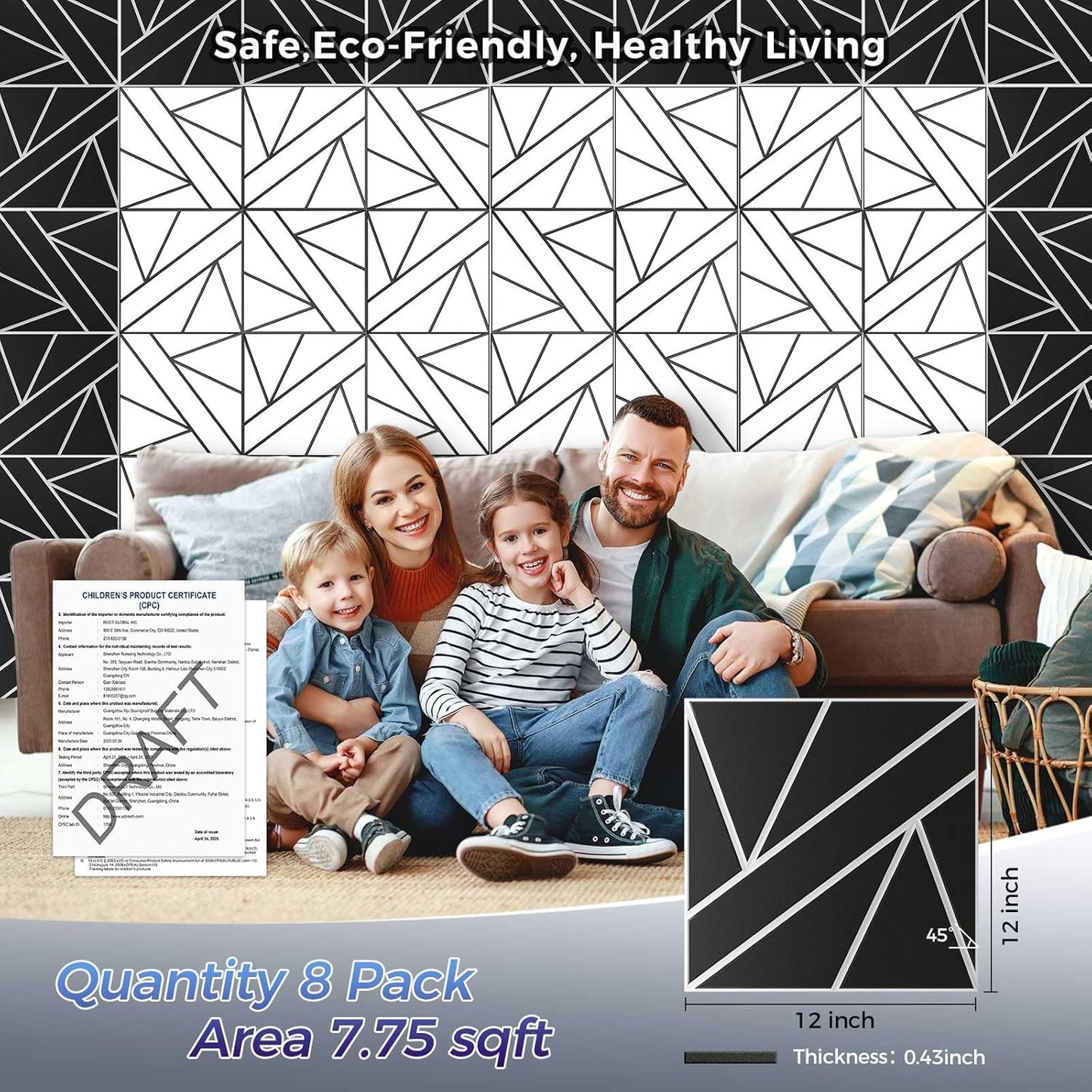 8 Pack 2-Layer Soundproof Wall Panels, 12 x 12 x 0.43 in Sound Proof FoamPanels for Walls, 1.2lb/ft* High Density, Thicker 0.43 in, 3D AcousticPanels,Artistic Noise Dampening Panels Black&white