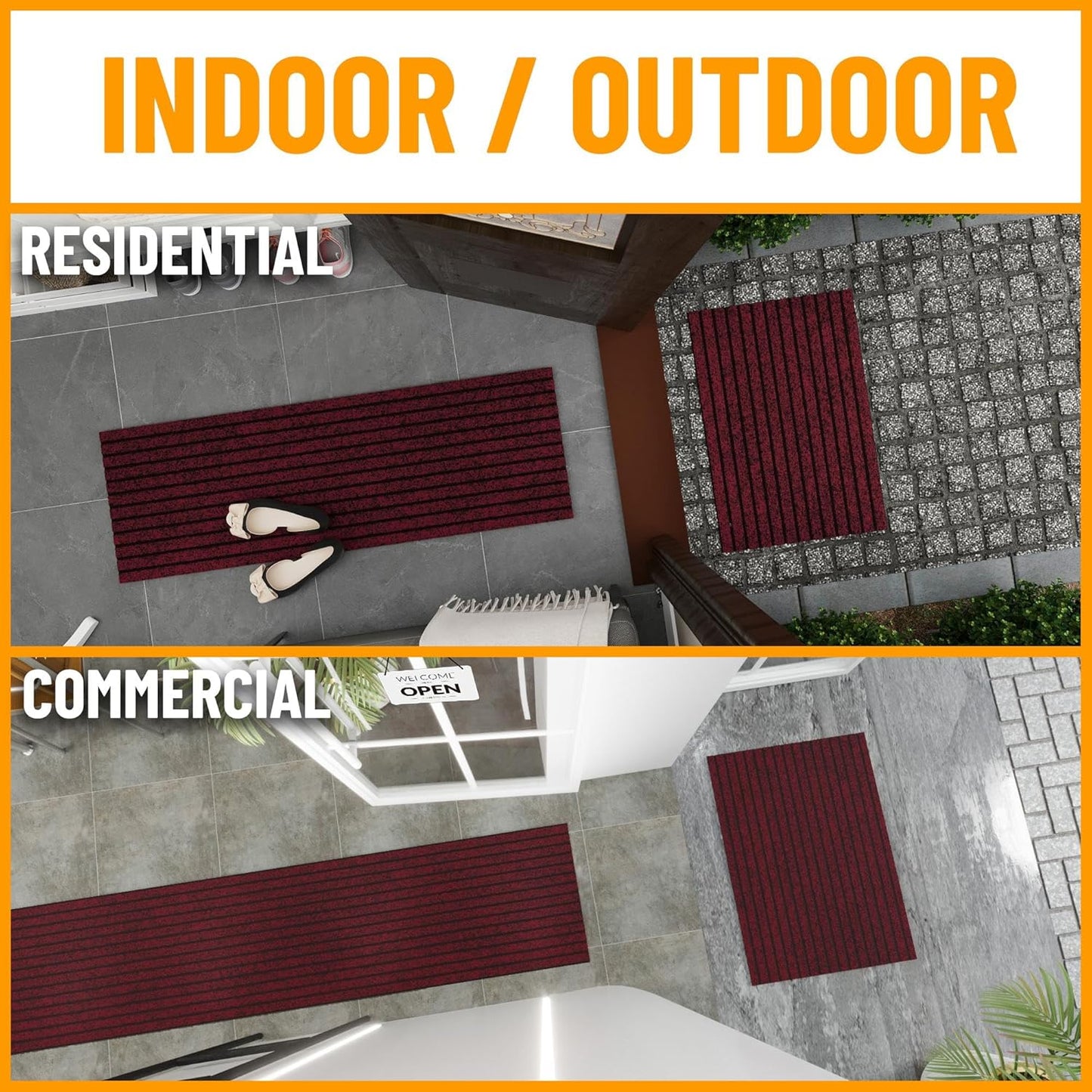 Ottomanson 2'7" x 6' Hallway Runner with Scraper Pile Extra Durable Non-Slip Rug Mat for Indoor & Outdoor Use - Ideal for Kitchen, Entryway, Patio & Garage - High-Traffic Carpet, Red