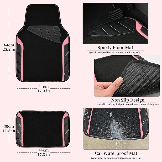CAR PASS Microfiber Steering Wheel Cover and Waterproof Car Floor Mats,Leather Universal Car Combo Fit for 95% Truck,SUV,Cars,14.5-15inch Sporty Anti-Slip Safety Comfortable Design(Black and Pink)