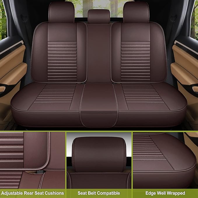 AOOG Leather Car Seat Covers, Leatherette Automotive Seat Covers for Cars SUV Pick-up Truck, Non-Slip Vehicle Car Seat Covers Universal Fit Set for Auto Interior Accessories, Full Set, Brown