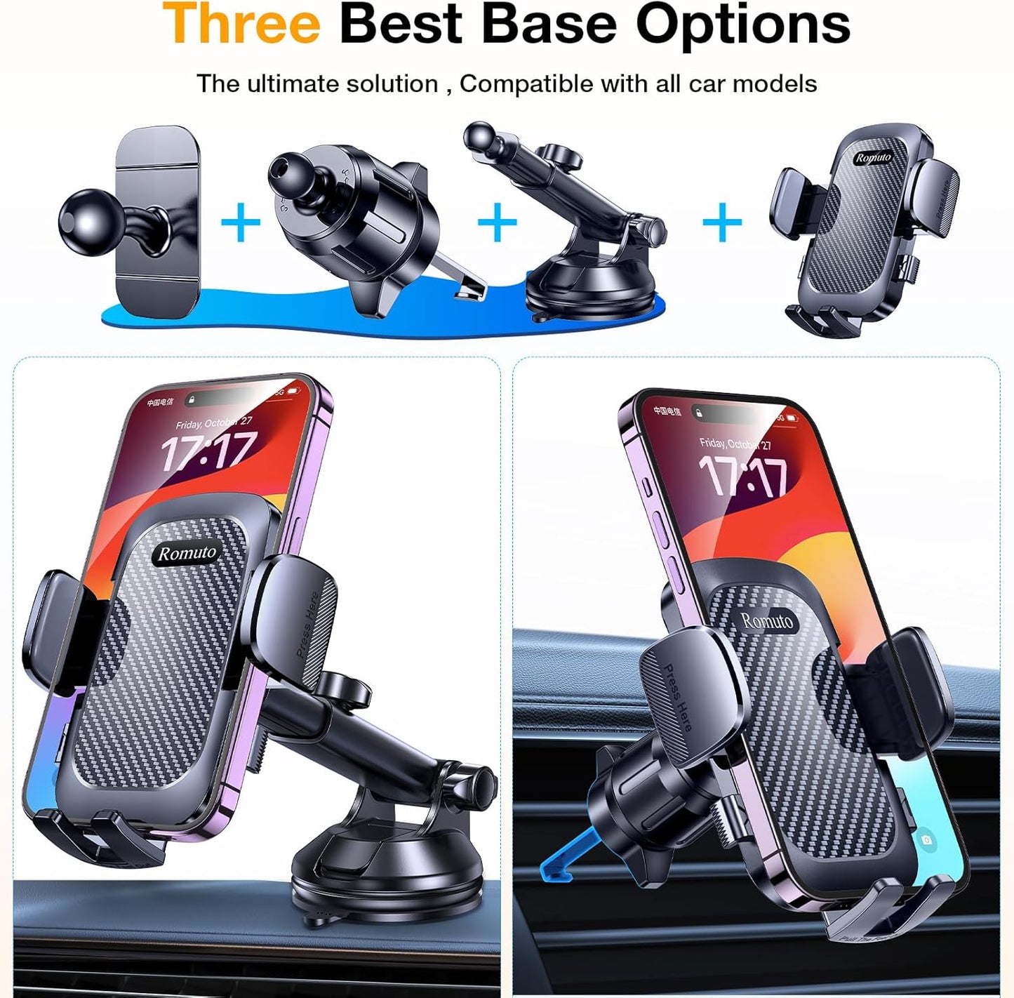 Phone Holders for Your Car【2025 Upgraded 3 Base in 1】Car Phone Holder Mount Dash【360°】Suction Cup Phone Mount for Truck Cell Phone Holder Automobile Accessory Kits for Car fits iPhone Samsung