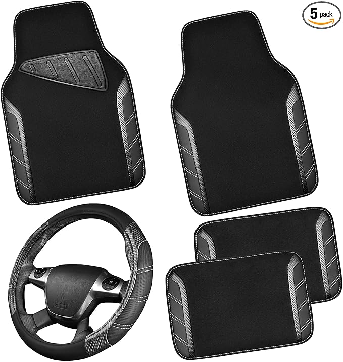 CAR PASS Leather Steering Wheel Cover and Waterproof Car Floor Mats,Microfiber Universal Car Combo Fit for 95% Sedan,SUV,Cars,14.5-15inch Sporty Anti-Slip Safety Comfortable Design(Carbon Fiber Black)